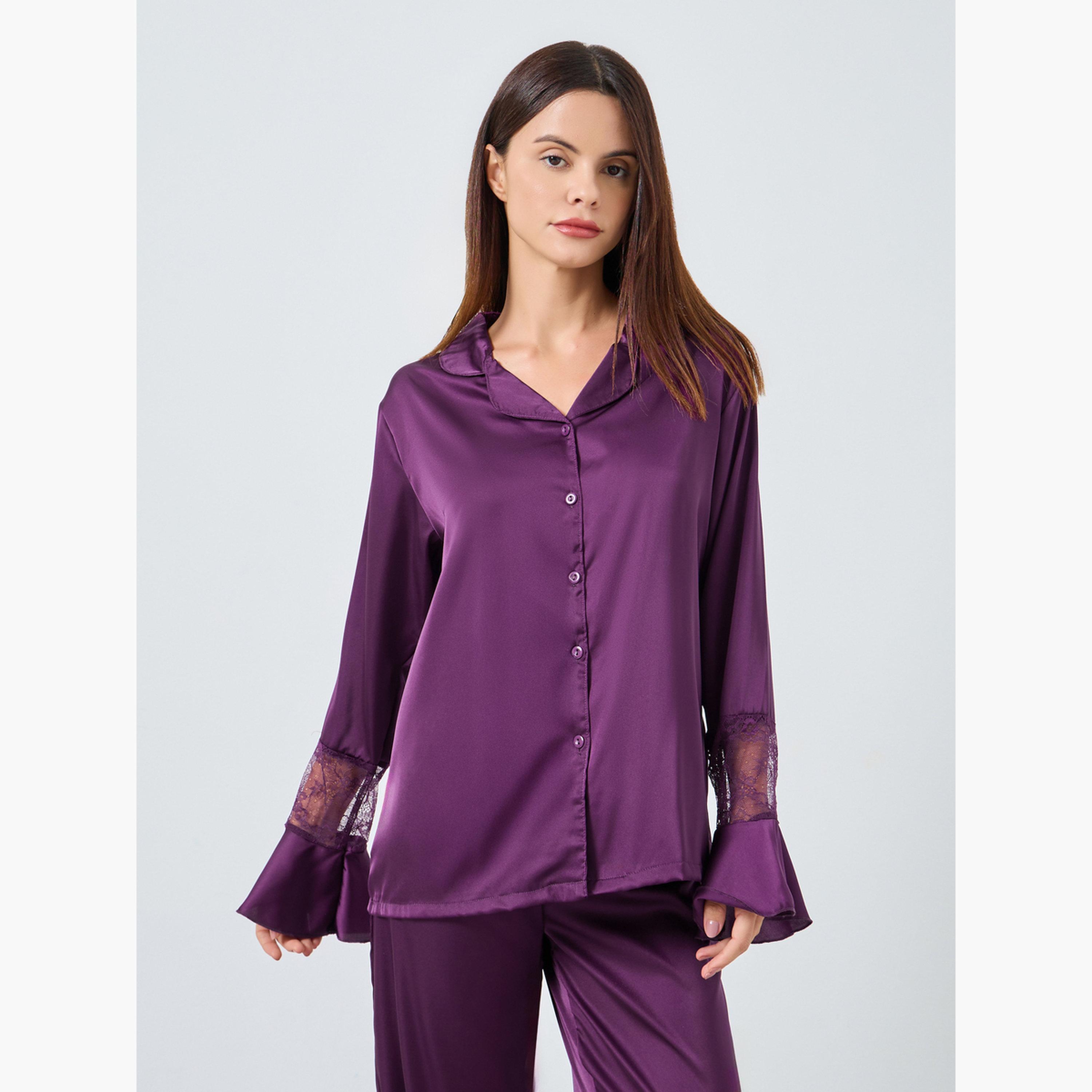 ستايلي - بيجاما قميص  بتفاصيل دانتيل من الساتان غير اللامع-women-clothing-nightwear-pyjamas-longsets-image-2