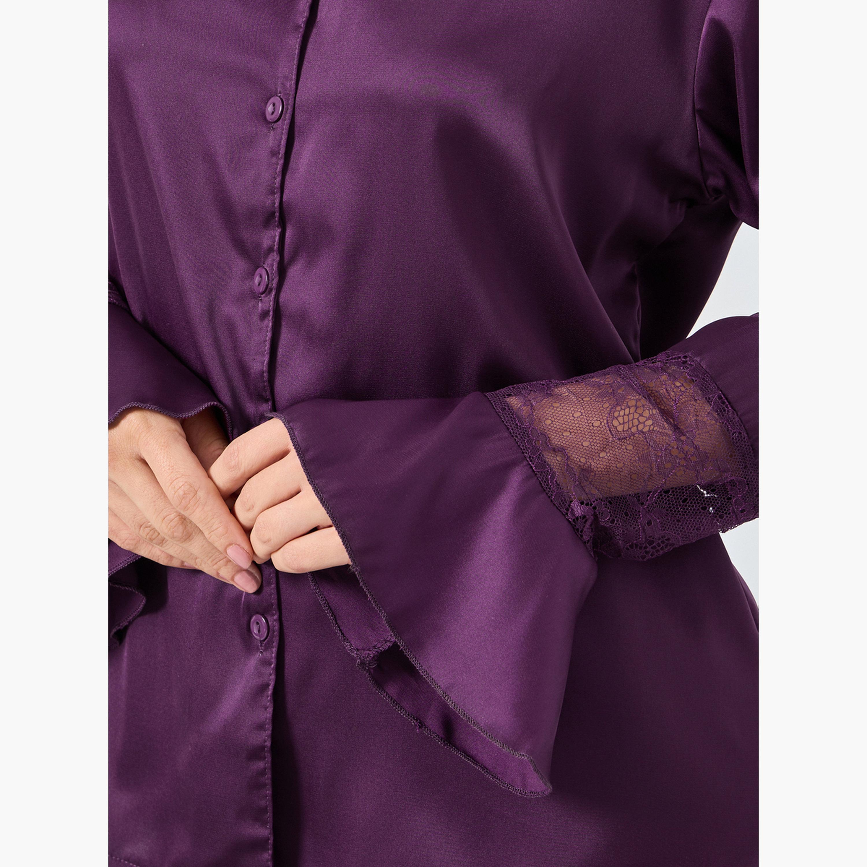 ستايلي - بيجاما قميص  بتفاصيل دانتيل من الساتان غير اللامع-women-clothing-nightwear-pyjamas-longsets-image-3