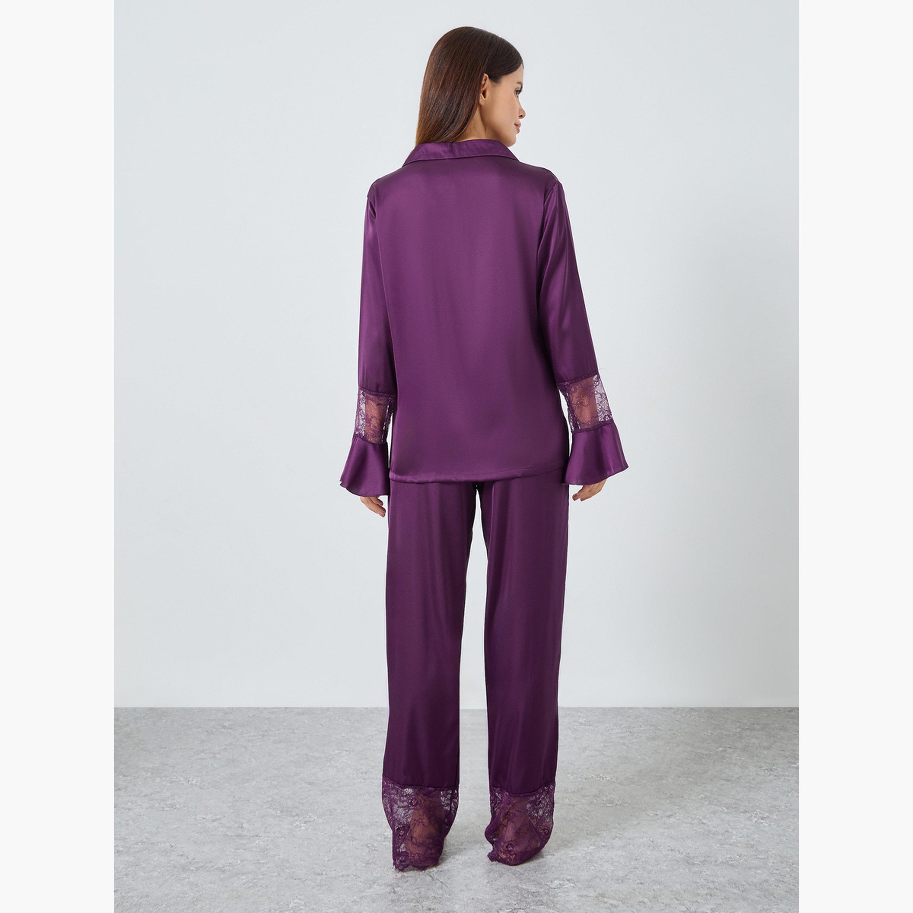 ستايلي - بيجاما قميص  بتفاصيل دانتيل من الساتان غير اللامع-women-clothing-nightwear-pyjamas-longsets-image-5