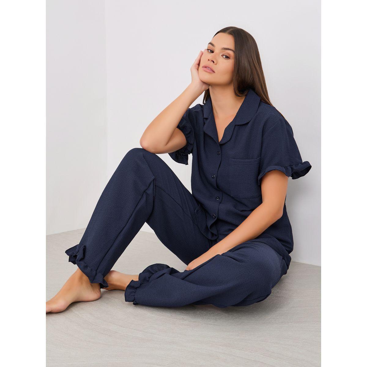 Styli Waffle Textured Ruffled Detail Shirt and Pyjama Set-women-clothing-nightwear-pyjamas-longsets-image-1