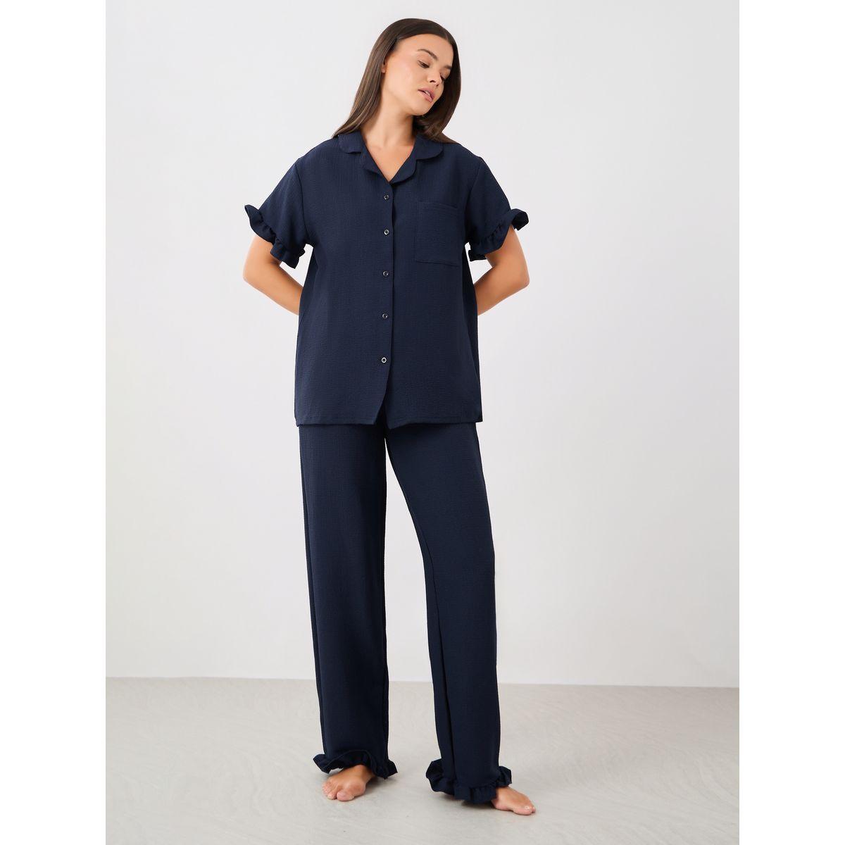 Styli Waffle Textured Ruffled Detail Shirt and Pyjama Set-women-clothing-nightwear-pyjamas-longsets-image-2