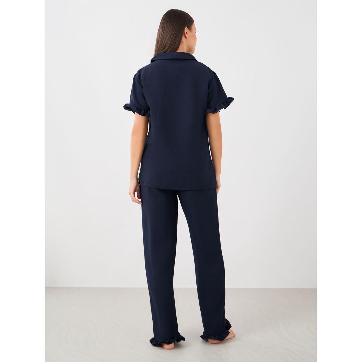 Styli Waffle Textured Ruffled Detail Shirt and Pyjama Set-women-clothing-nightwear-pyjamas-longsets-image-6