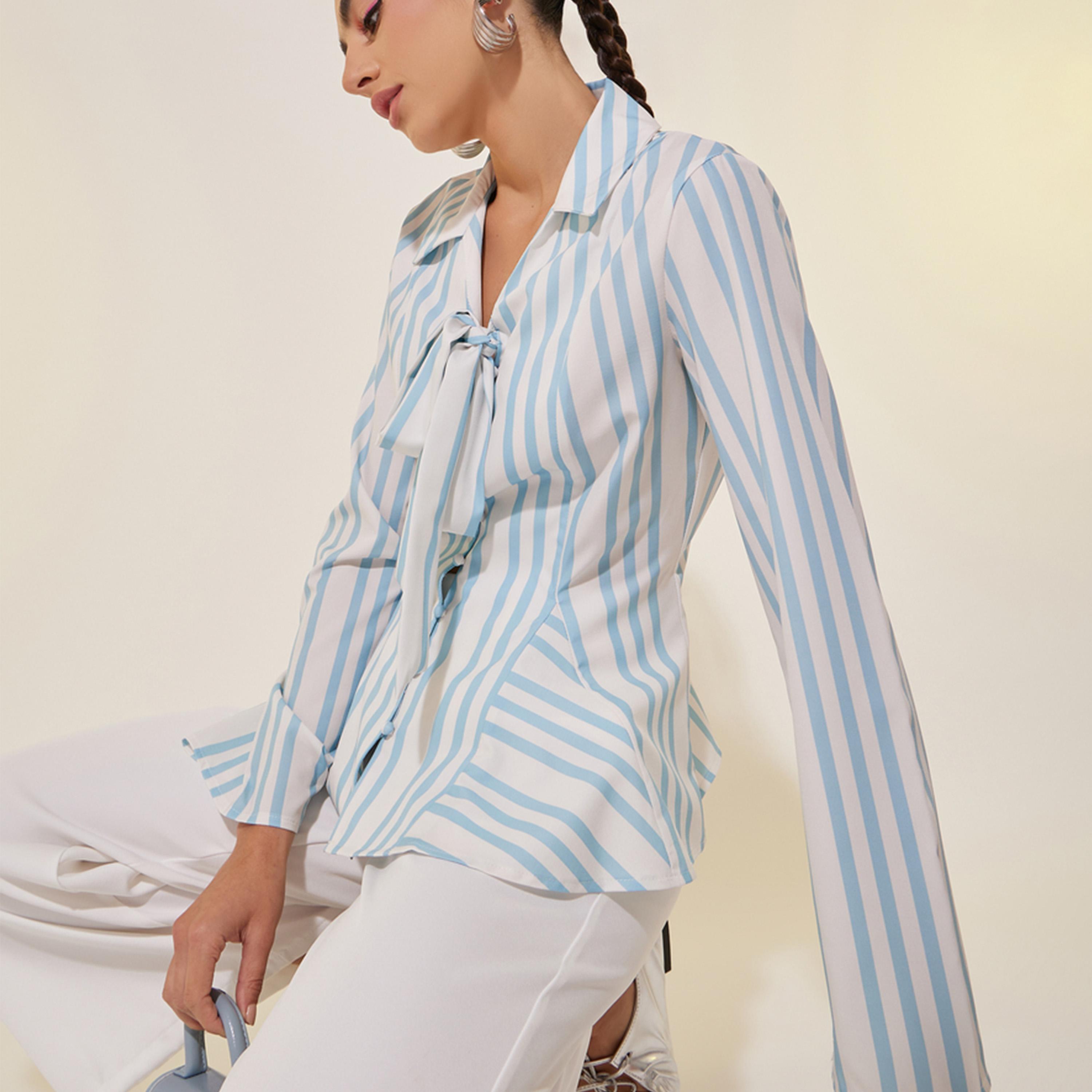 Take Two Stripe Front Tie Detail Long Sleeve Shirt-women-clothing-shirtsandblouses-shirts-image-1
