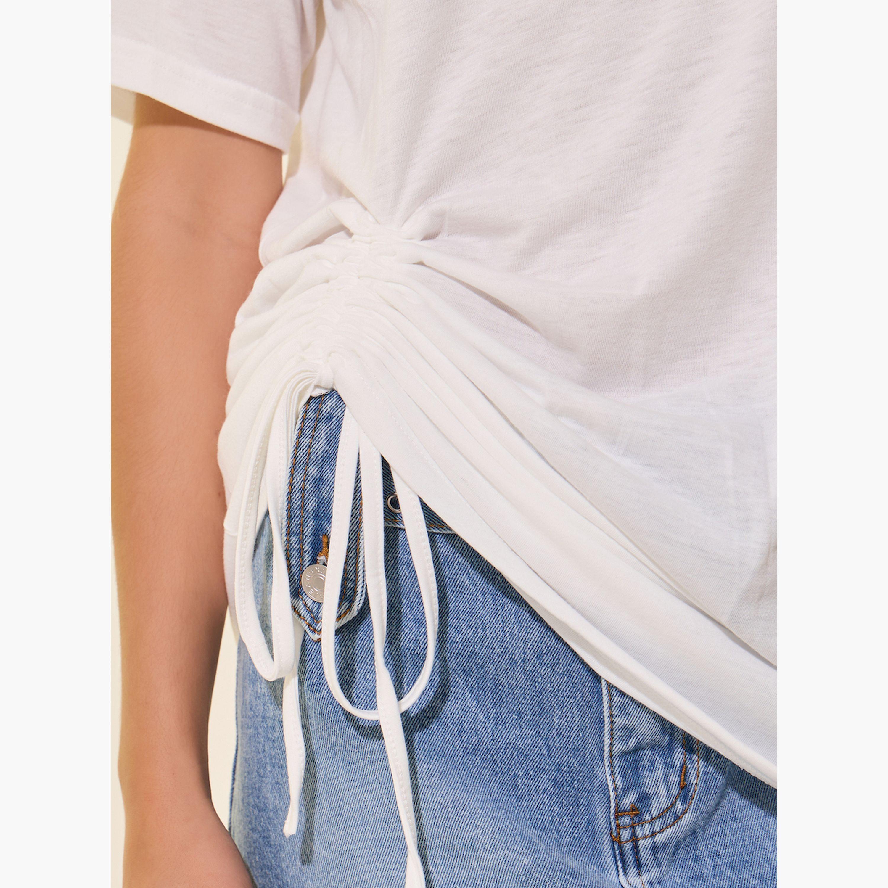 Take Two Women White Oversized Round Neck T-Shirt with Drawstring Detail-women-clothing-tshirts-image-3