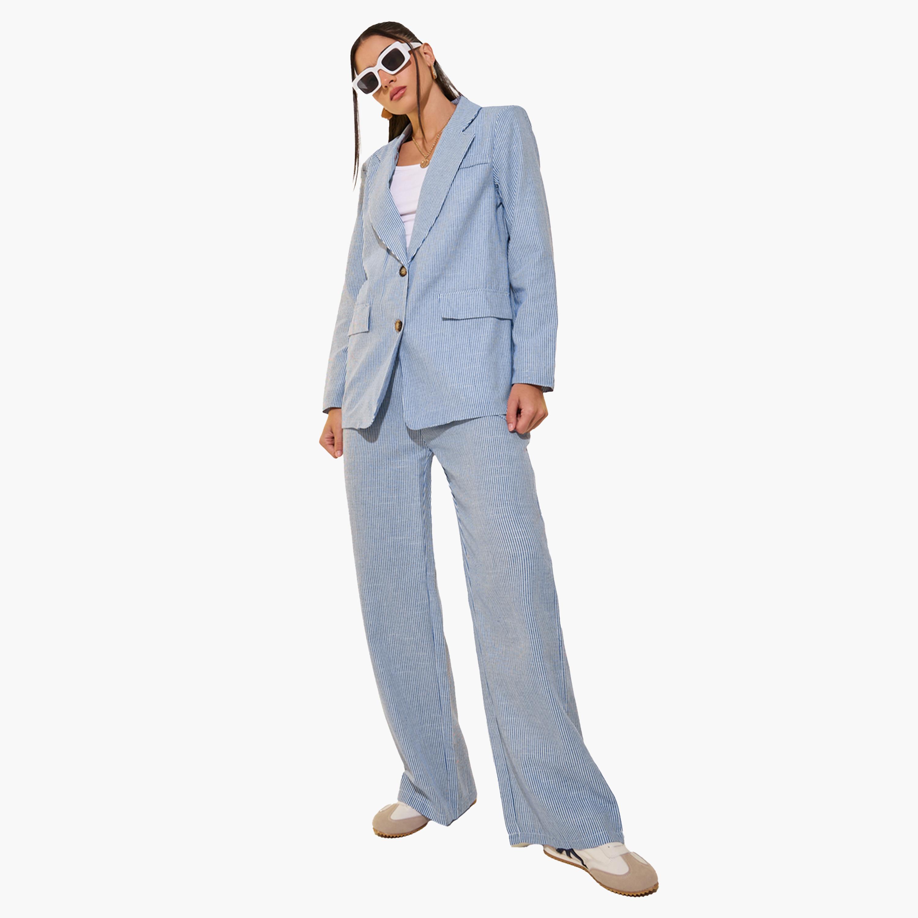 Take Two Blue Striped Blazer and Pants Co-Ords for Women-women-clothing-coordsets-image-1