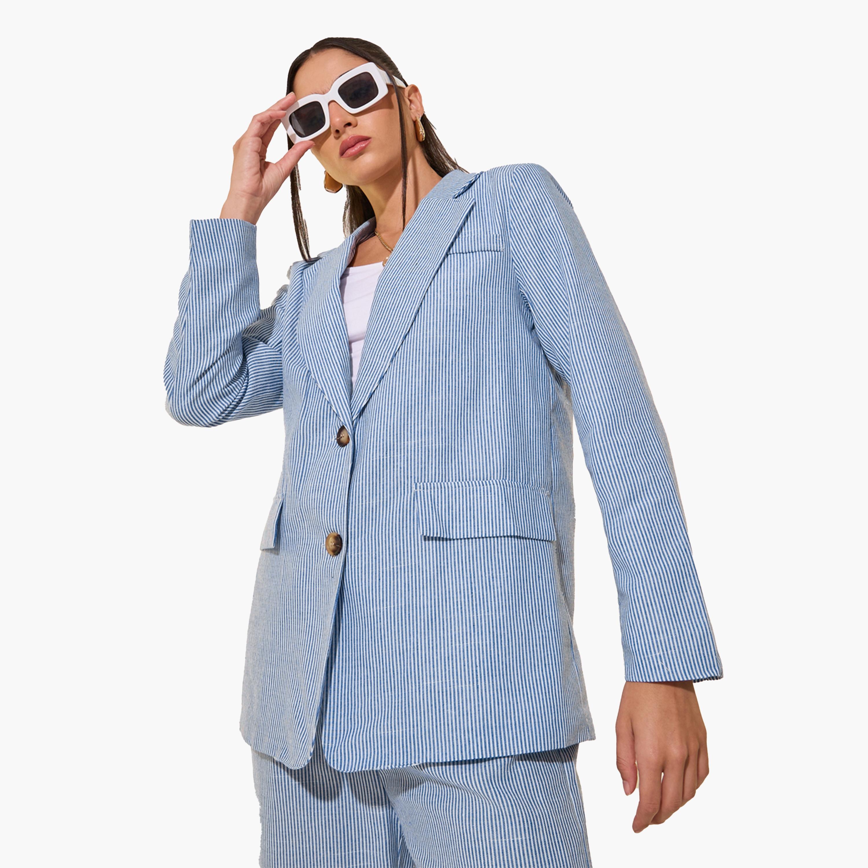 Take Two Blue Striped Blazer and Pants Co-Ords for Women-women-clothing-coordsets-image-2