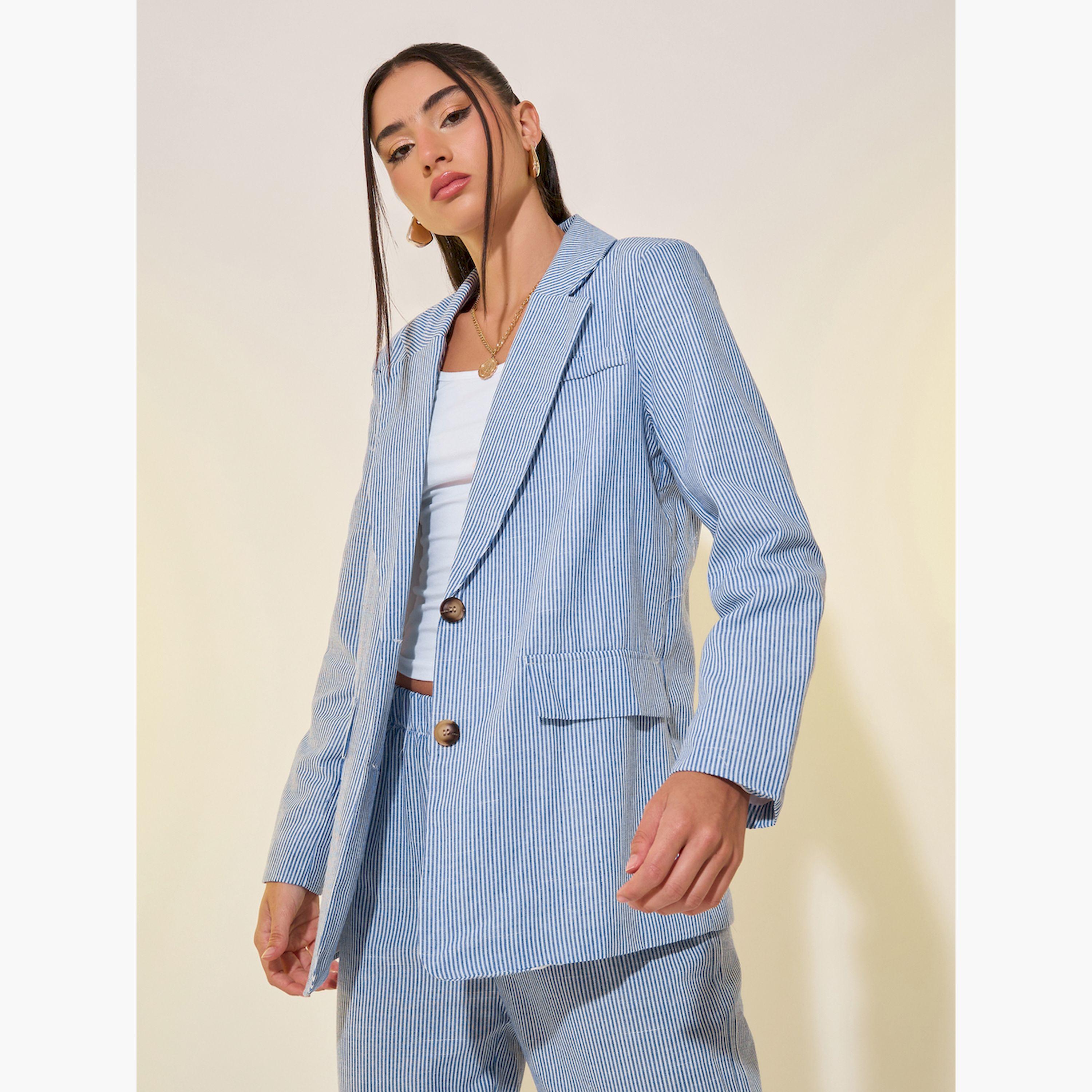 Take Two Blue Striped Blazer and Pants Co-Ords for Women-women-clothing-coordsets-image-4