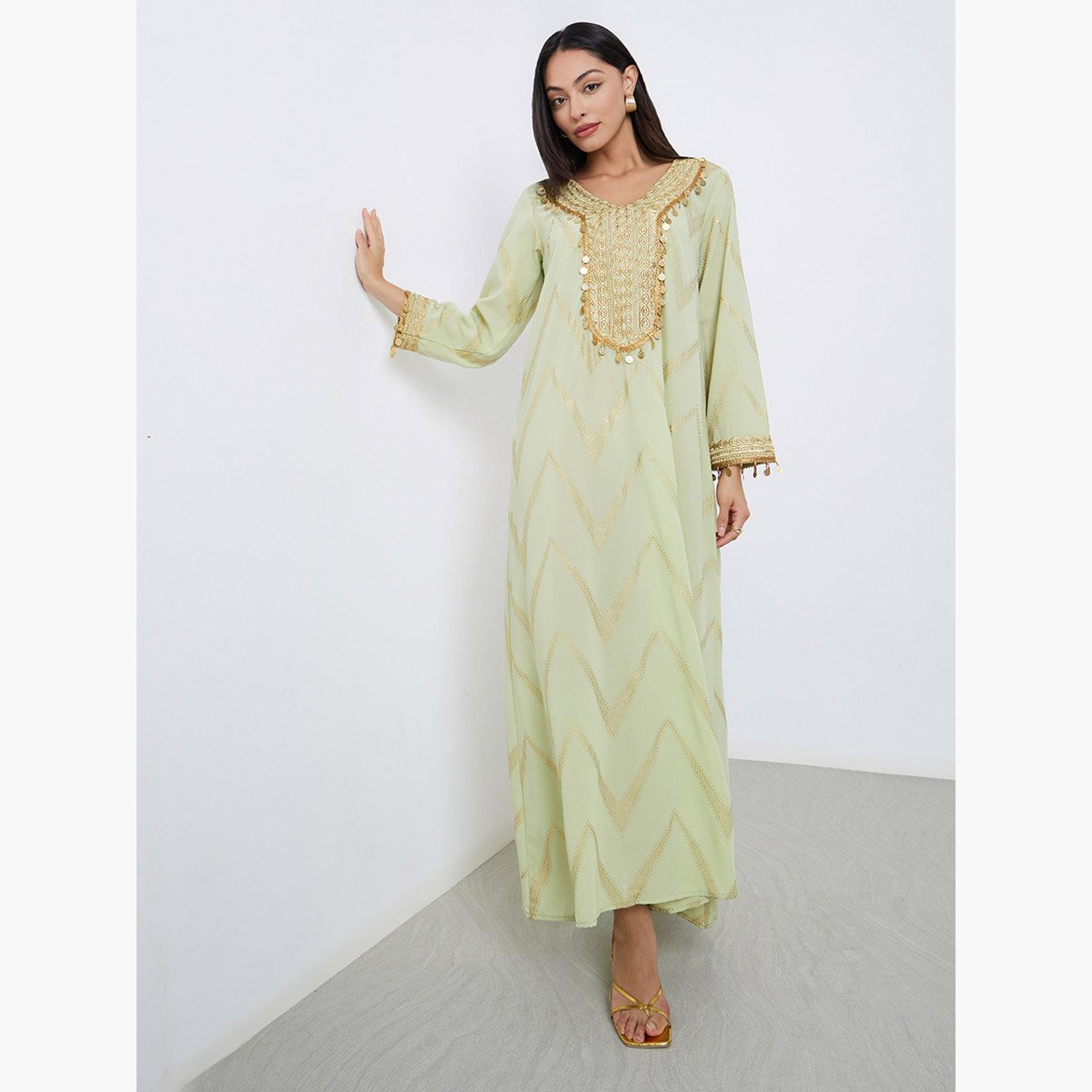 Styli Chevron Foil Print Jalabiya with Gold Embroidery-women-arabicclothing-jalabiyas-image-1