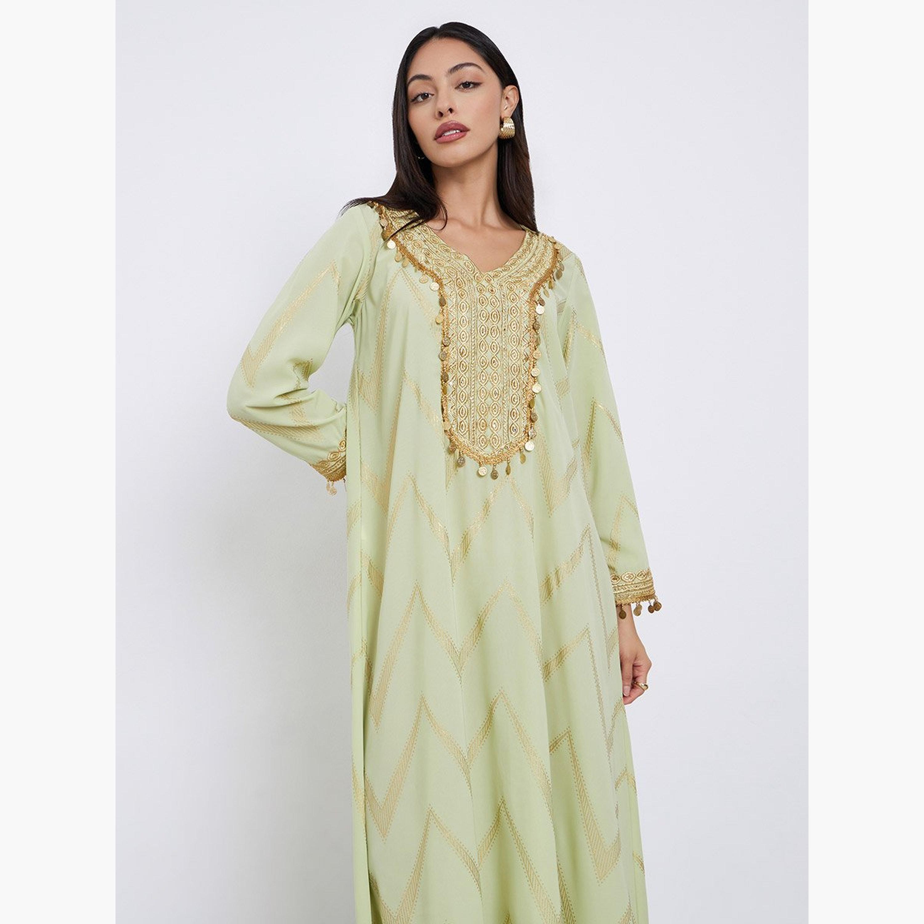 Styli Chevron Foil Print Jalabiya with Gold Embroidery-women-arabicclothing-jalabiyas-image-2