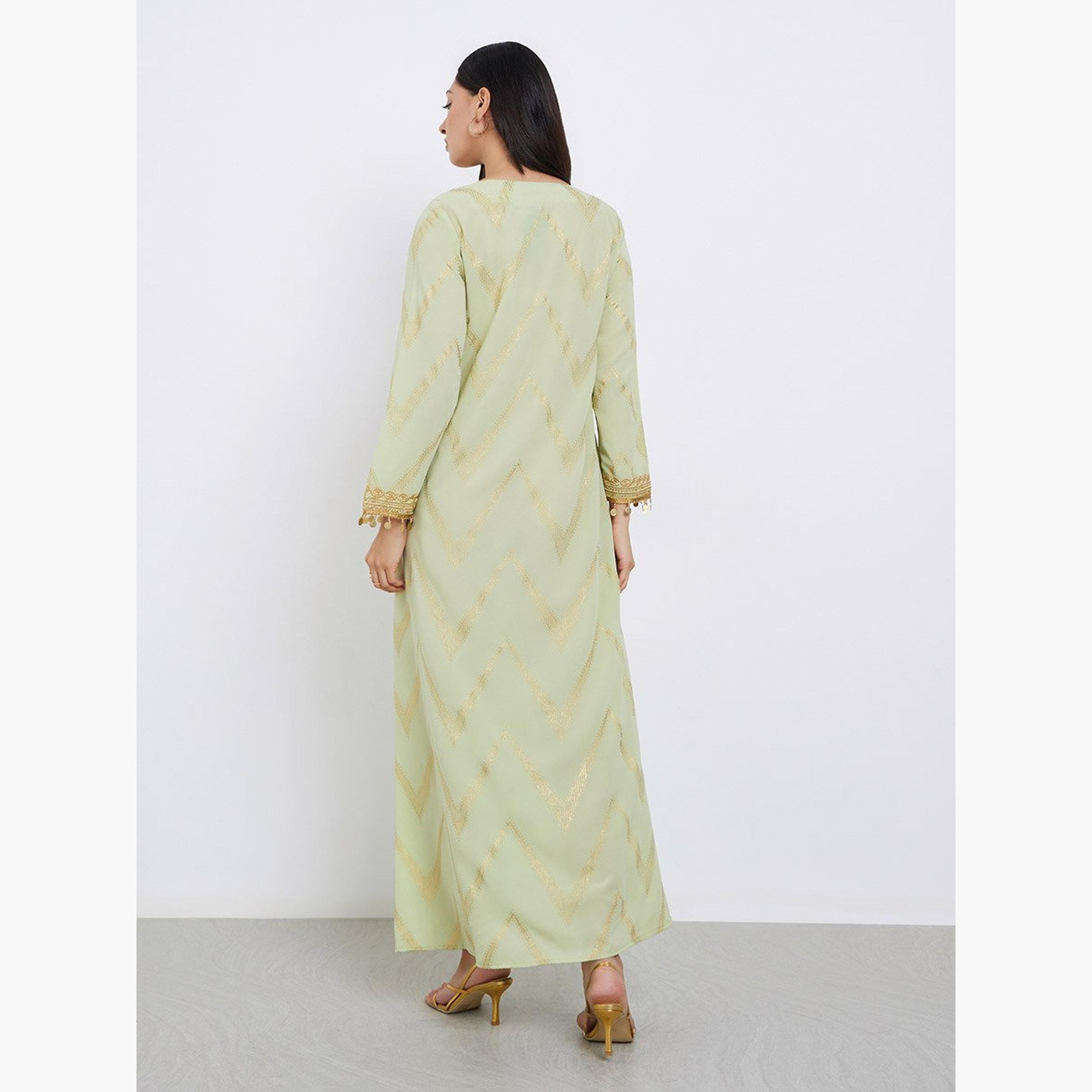Styli Chevron Foil Print Jalabiya with Gold Embroidery-women-arabicclothing-jalabiyas-image-4