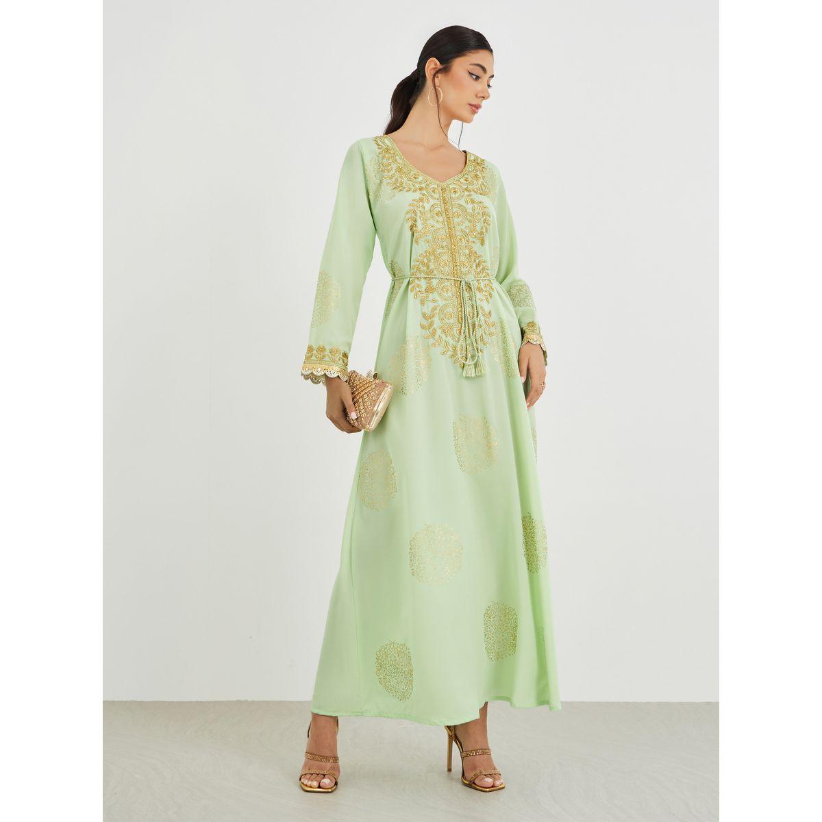Styli Foil Print V Neck Jalabiya with Embroidery and Lace Detail-women-arabicclothing-jalabiyas-image-1