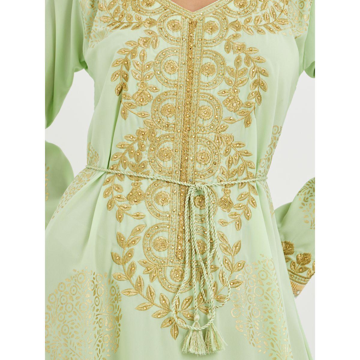 Styli Foil Print V Neck Jalabiya with Embroidery and Lace Detail-women-arabicclothing-jalabiyas-image-4