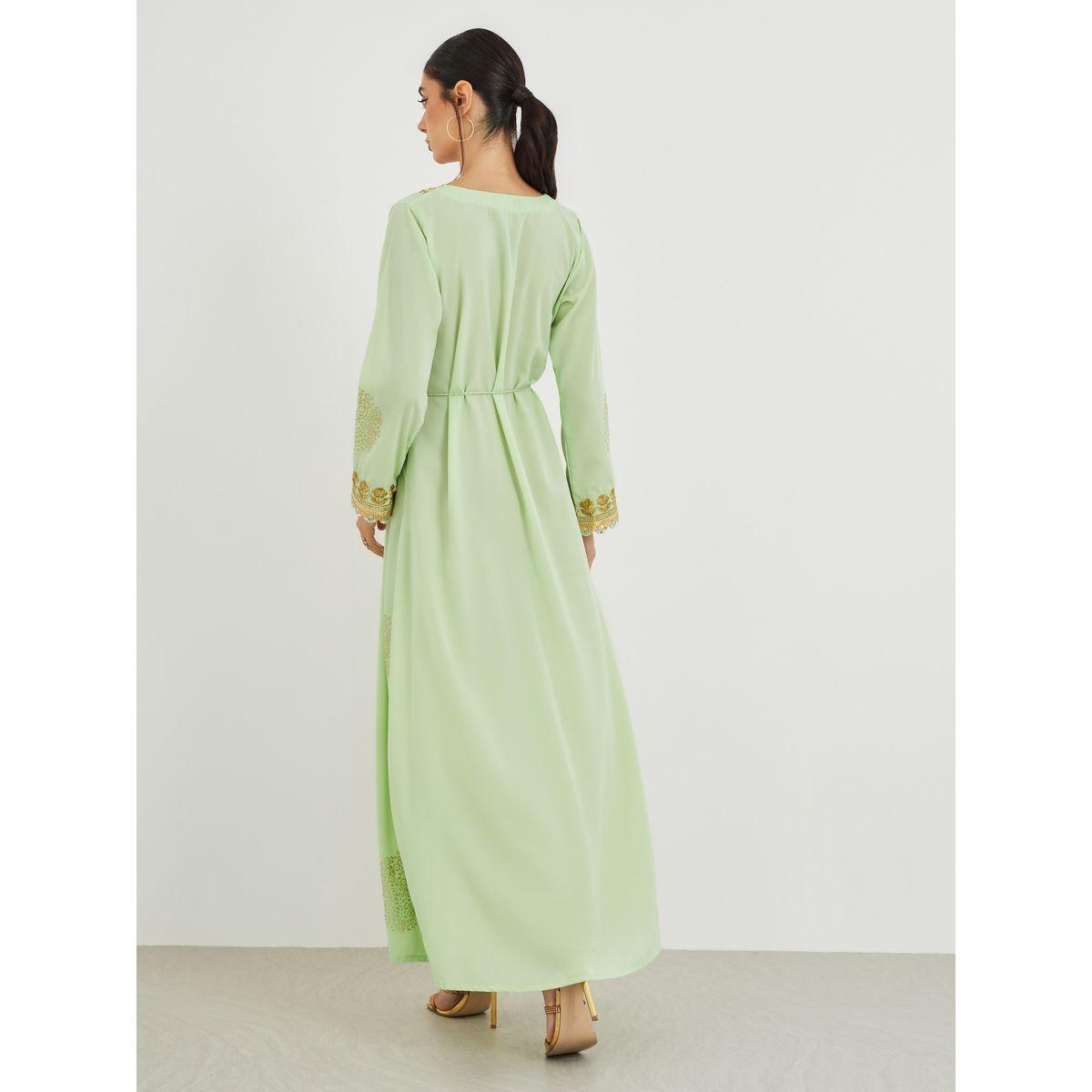 Styli Foil Print V Neck Jalabiya with Embroidery and Lace Detail-women-arabicclothing-jalabiyas-image-5
