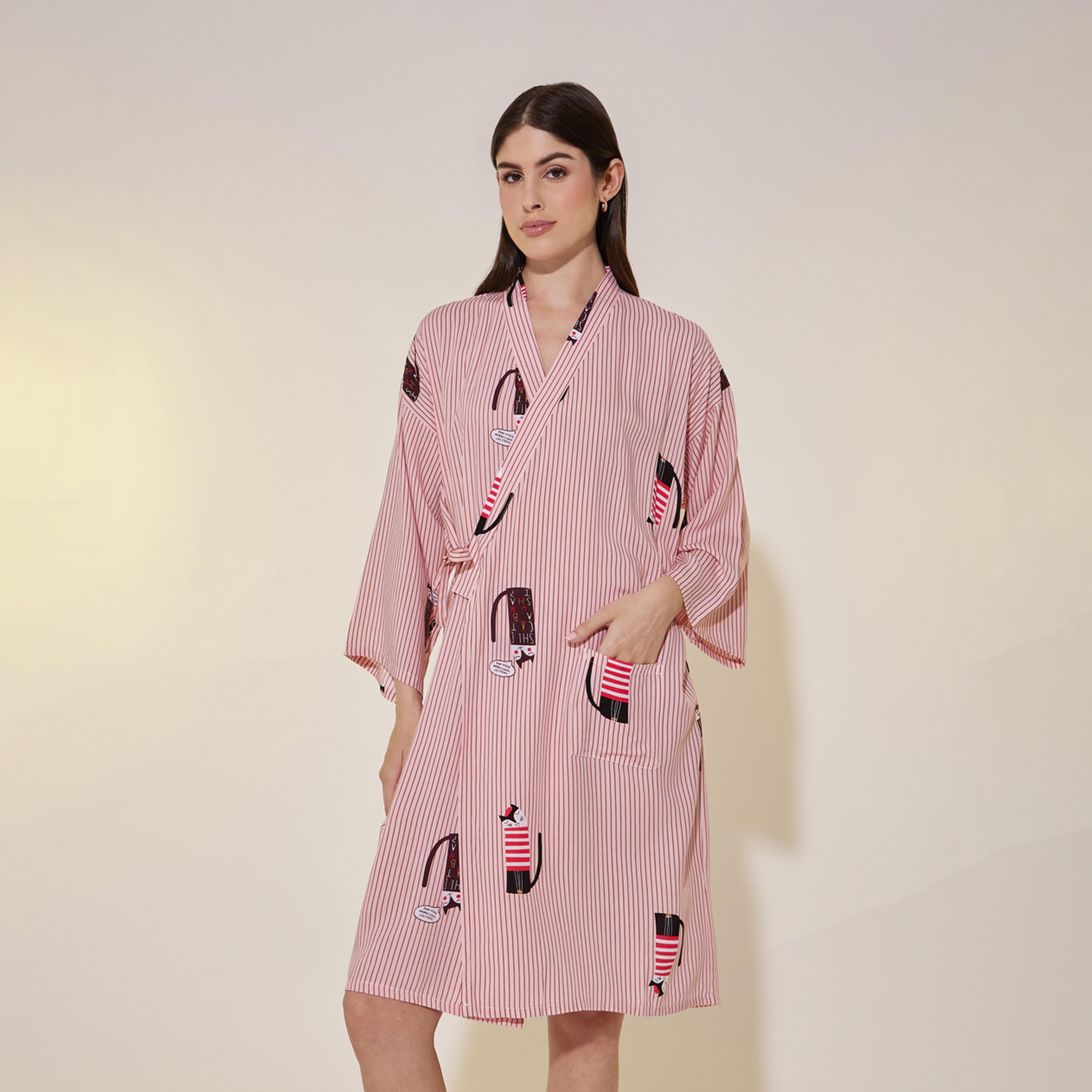 Take Two Striped Printed Waist Tie-Up Robe with Pocket-women-clothing-nightwear-robes-image-2