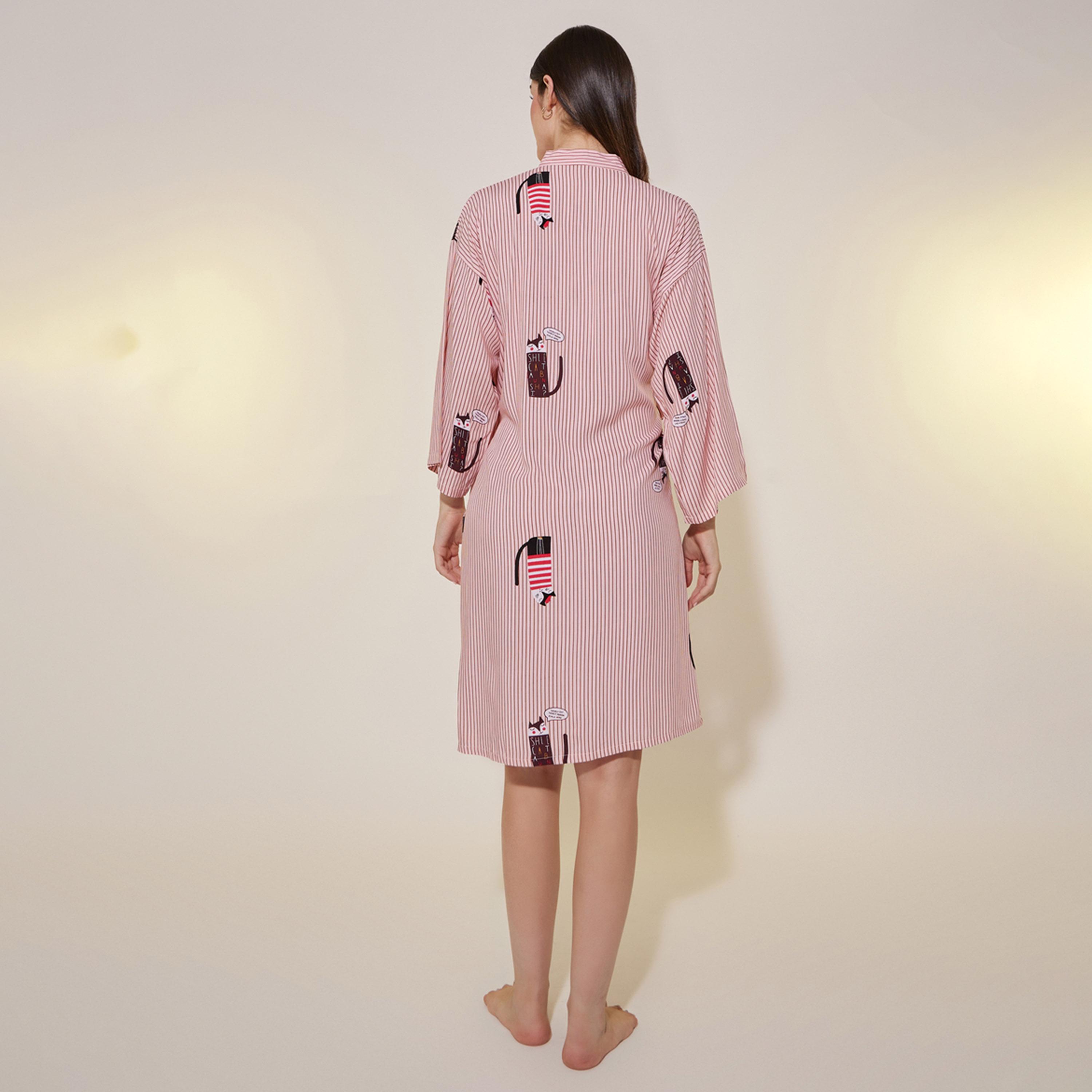 Take Two Striped Printed Waist Tie-Up Robe with Pocket-women-clothing-nightwear-robes-image-4