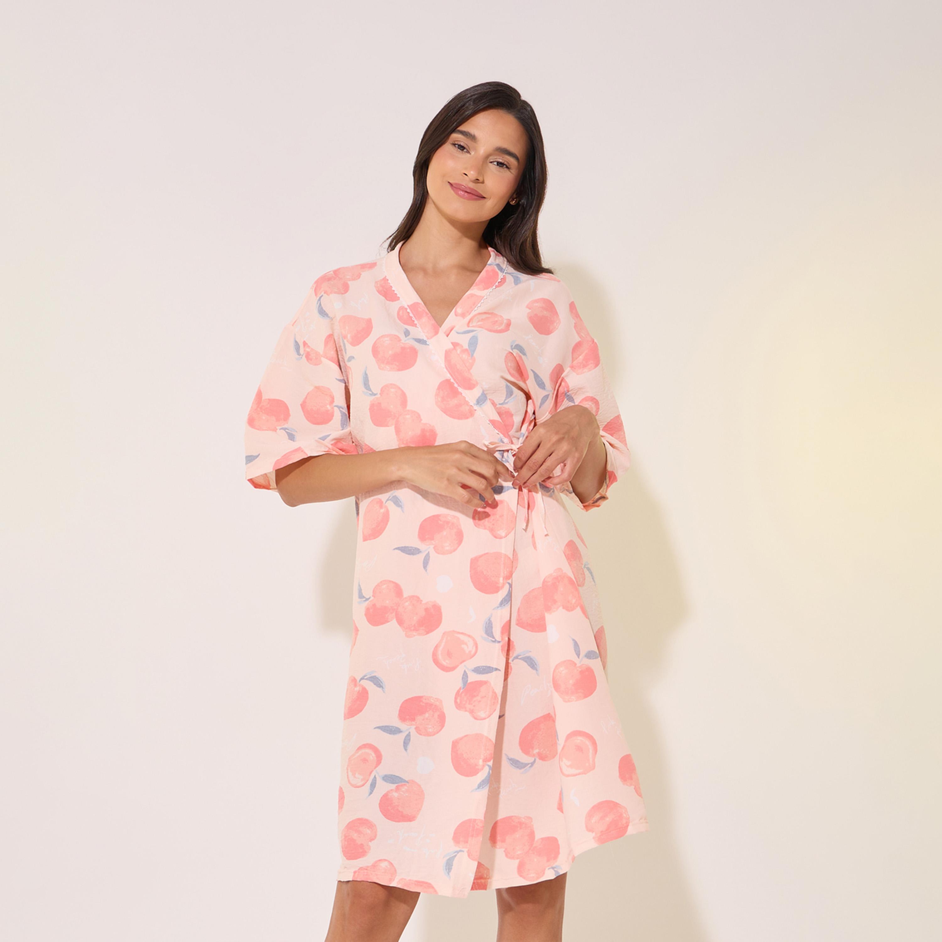 روب بطبعة جرافيك وأكمام قصيرة-women-clothing-nightwear-robes-image-1