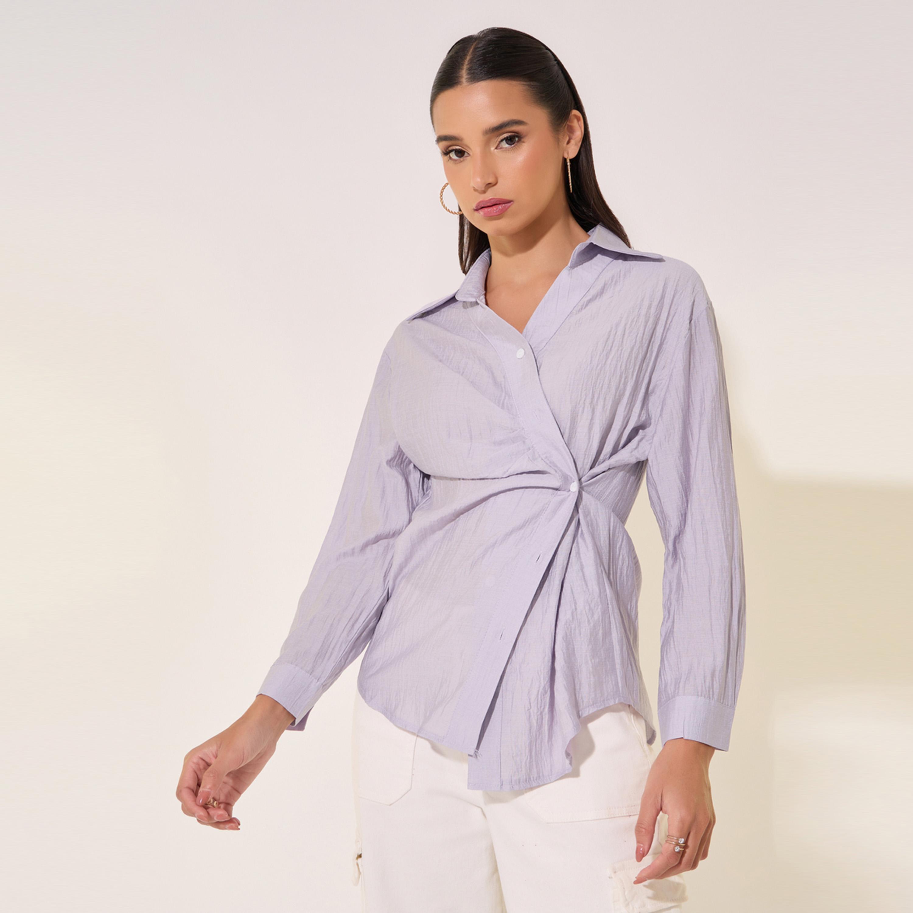 Take Two Textured Wrap Buttoned Shirt with Asymmetric Hem-women-clothing-shirtsandblouses-shirts-image-1