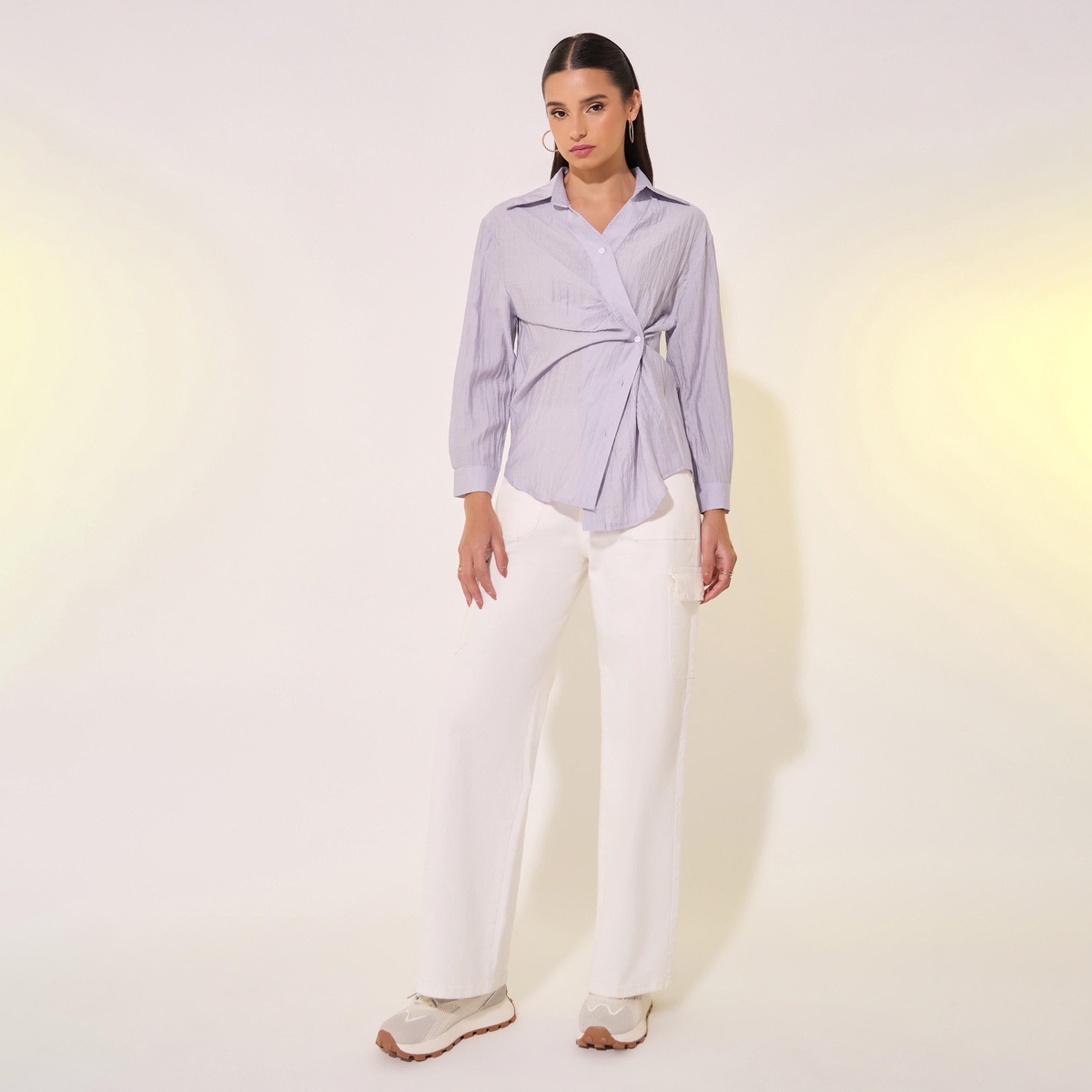 Take Two Textured Wrap Buttoned Shirt with Asymmetric Hem-women-clothing-shirtsandblouses-shirts-image-2