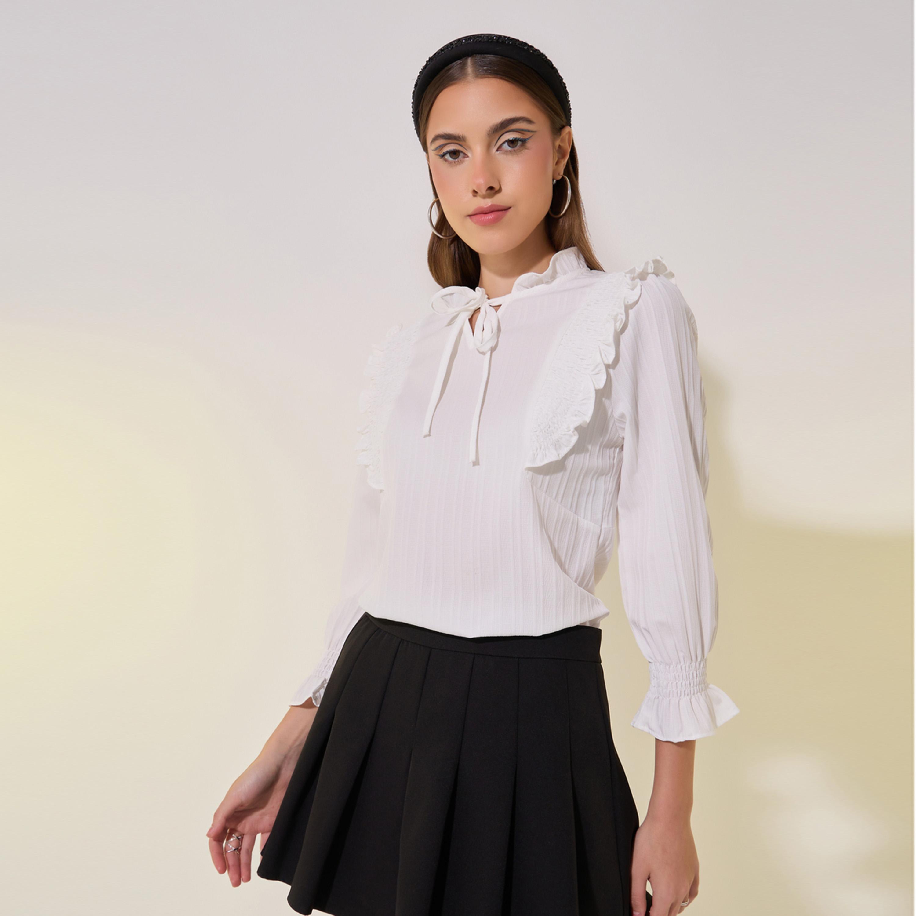 Take Two Texture Ruffled Detail Tie-Up Neck Top-women-clothing-shirtsandblouses-blouses-image-1