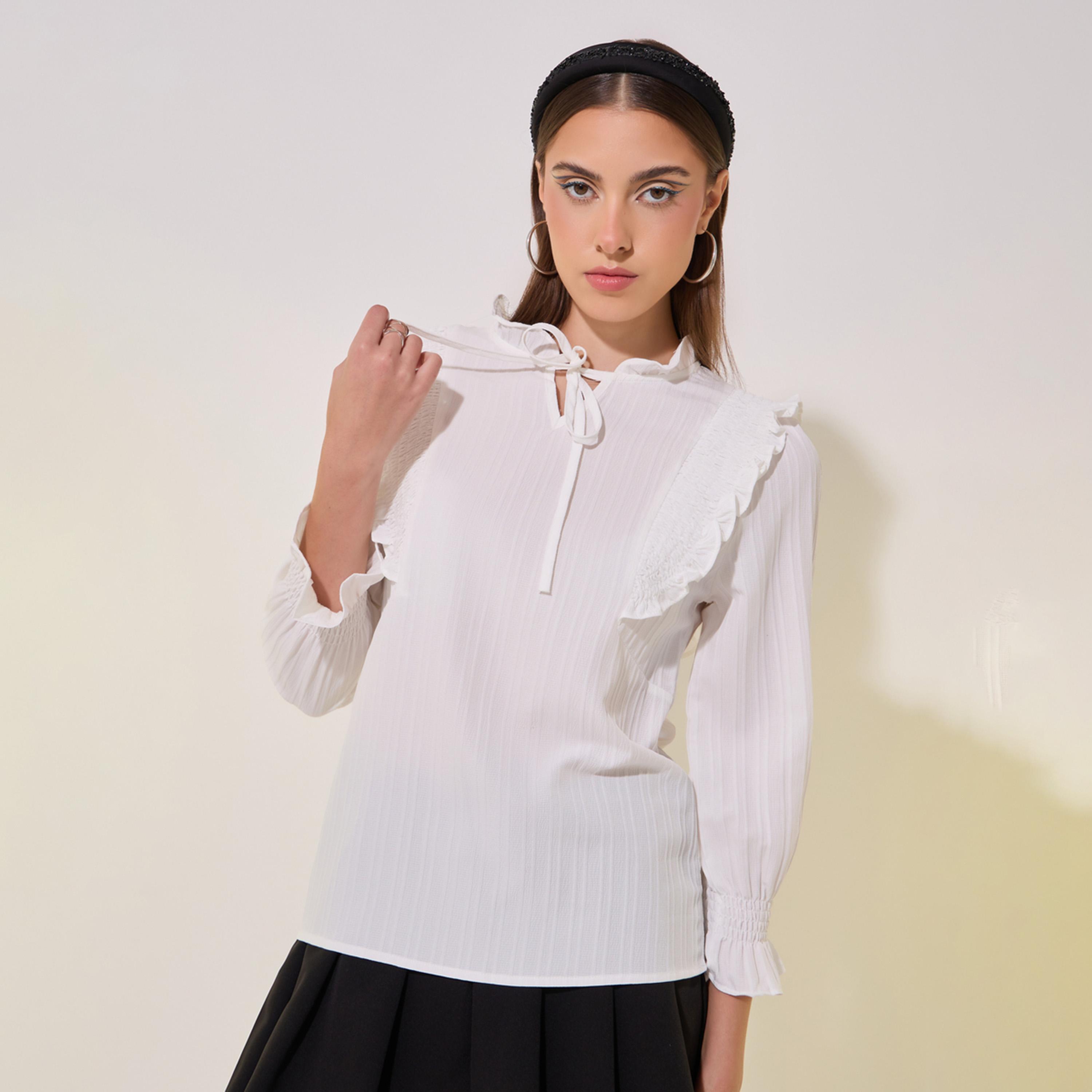 Take Two Texture Ruffled Detail Tie-Up Neck Top-women-clothing-shirtsandblouses-blouses-image-2