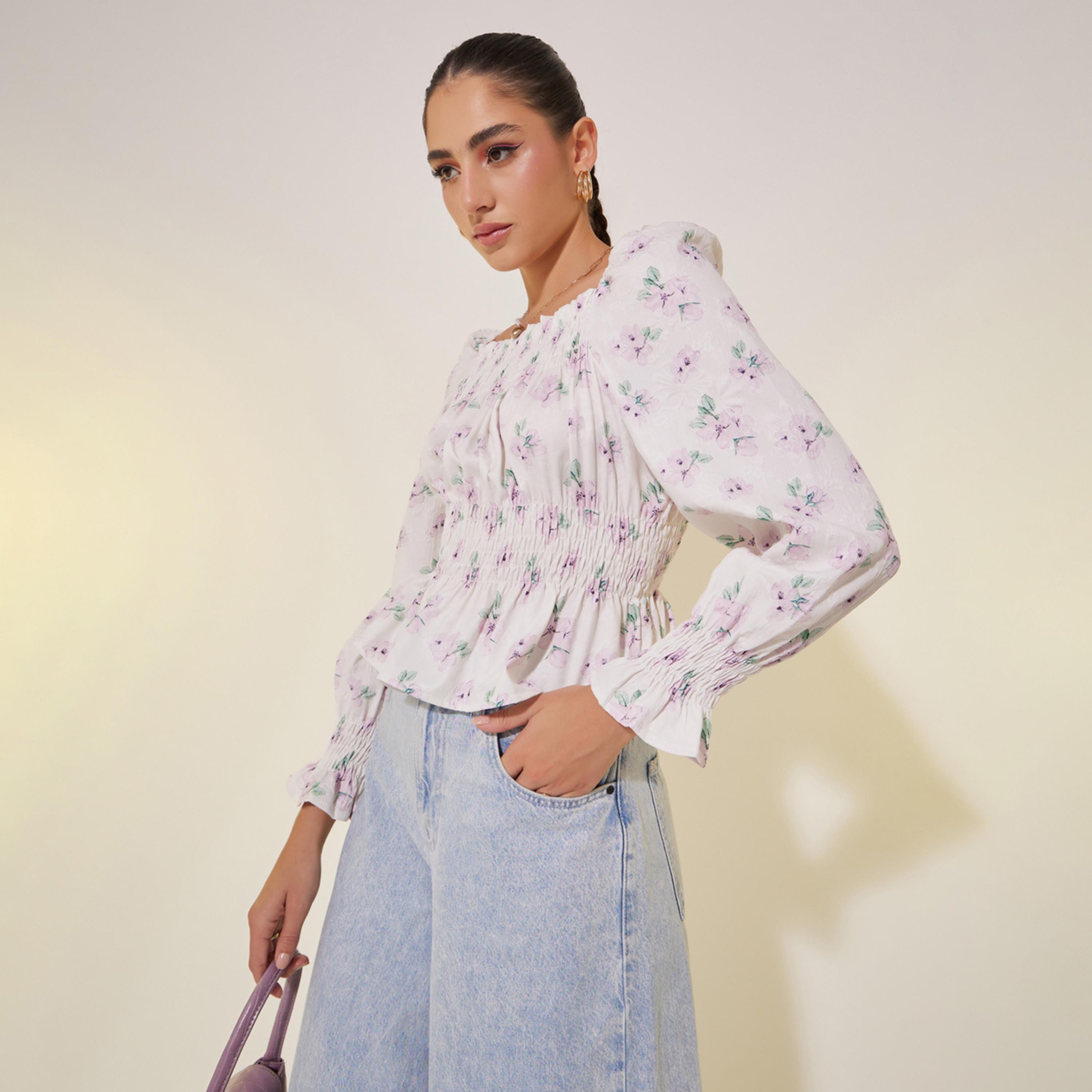 Take Two All-Over Floral Print Square Neck Top with Smocked Detail-women-clothing-shirtsandblouses-blouses-image-1