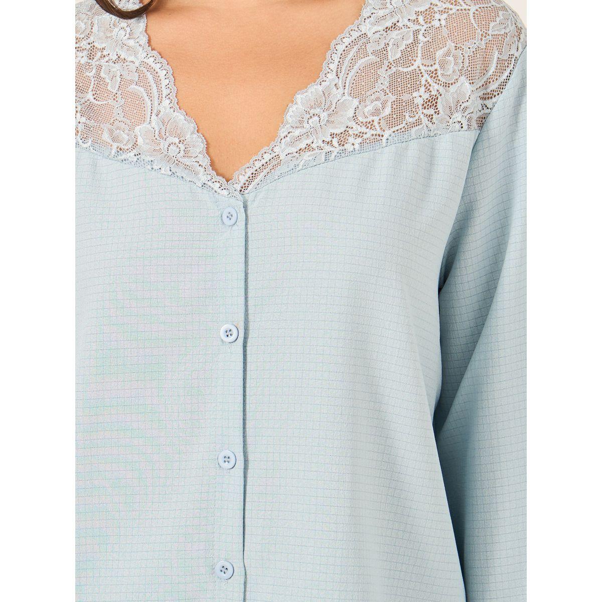 Styli Lace Insert Button Front Shirt and Pyjama Set-women-clothing-nightwear-pyjamas-longsets-image-4