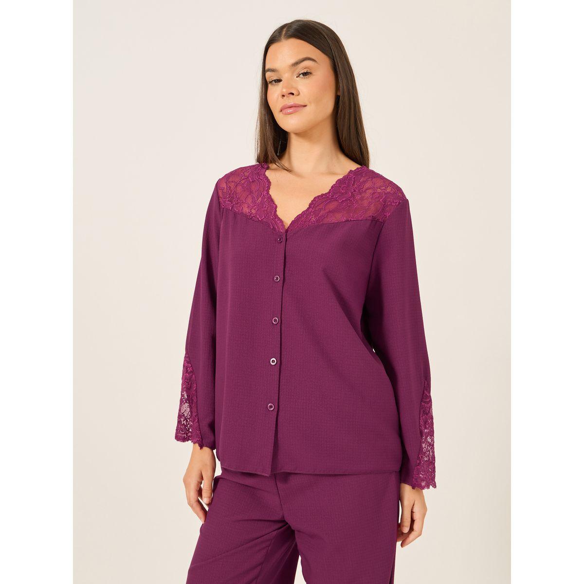 Styli Lace Insert Buttoned Shirt and Pyjama Set-women-clothing-nightwear-pyjamas-longsets-image-2