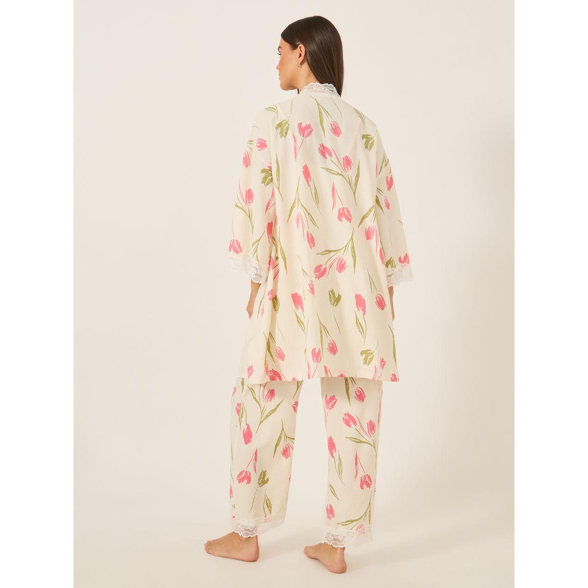 طقم بيجاما من روب وبنطال مع بلوزة كامي بطبعة زهور-women-clothing-nightwear-pyjamas-longsets-image-6