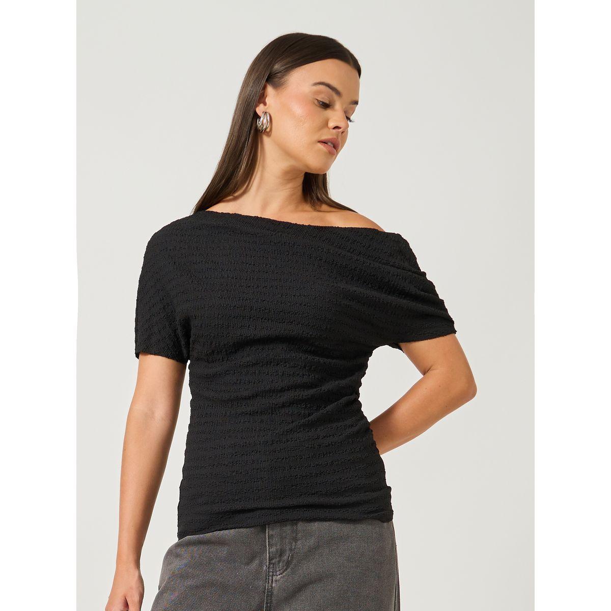 Styli Women Black Textured Asymmetric Neck Knit Top-women-clothing-tshirts-image-1
