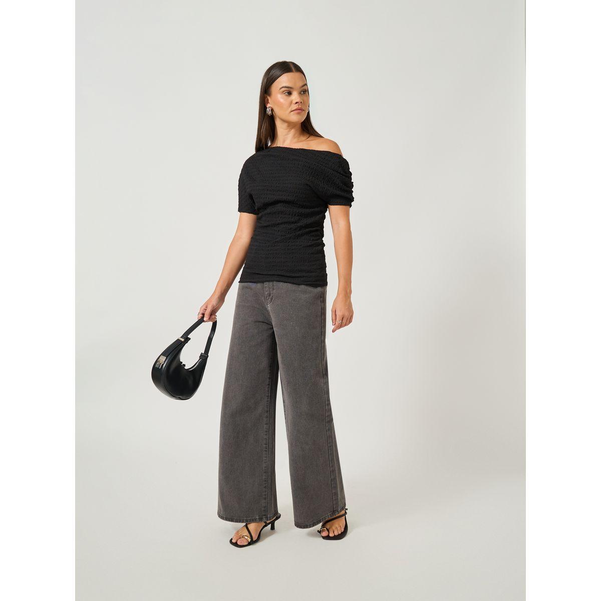 Styli Women Black Textured Asymmetric Neck Knit Top-women-clothing-tshirts-image-2