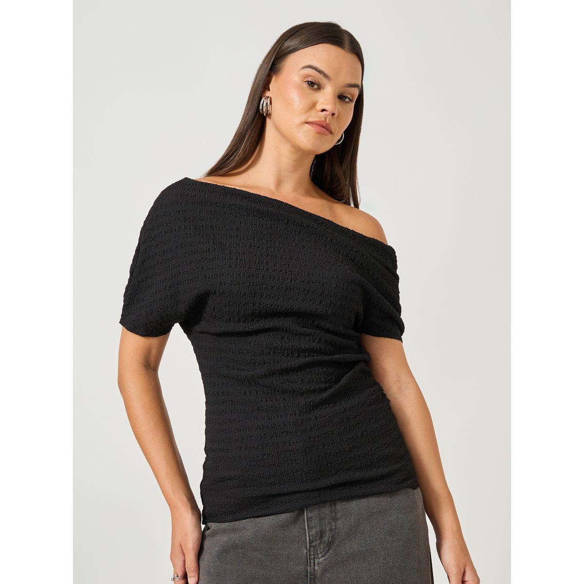 Styli Women Black Textured Asymmetric Neck Knit Top-women-clothing-tshirts-image-3