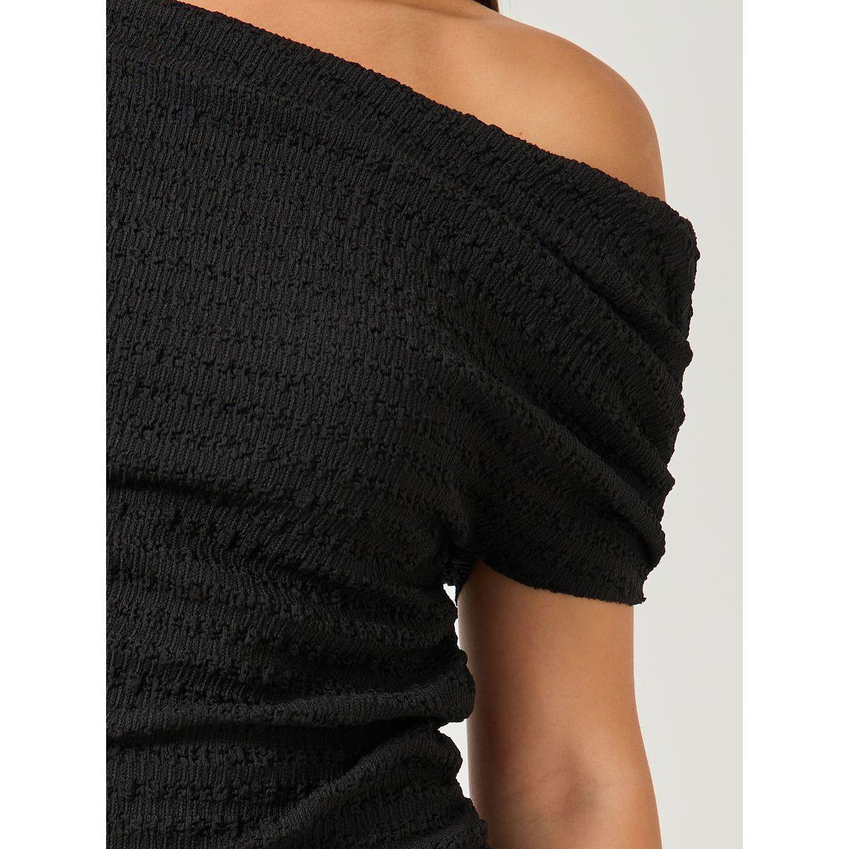 Styli Women Black Textured Asymmetric Neck Knit Top-women-clothing-tshirts-image-4