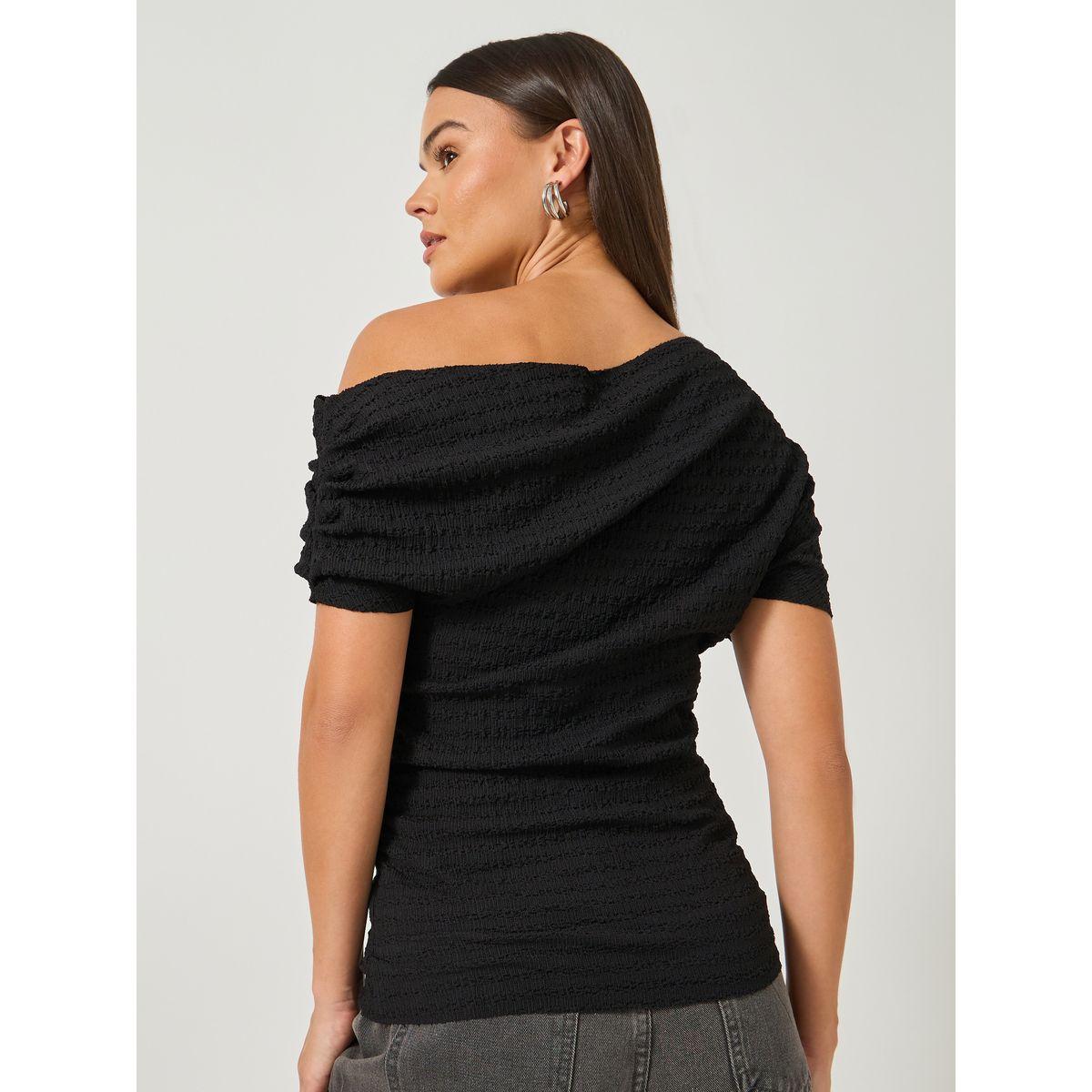 Styli Women Black Textured Asymmetric Neck Knit Top-women-clothing-tshirts-image-5
