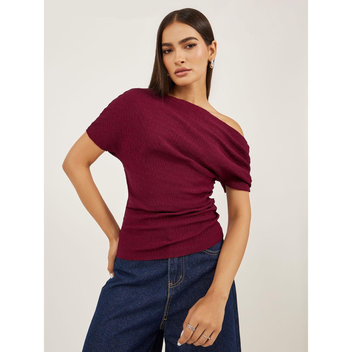 بلوزة محبوكة بياقة غير متماثلة الطول-women-clothing-tshirts-image-1