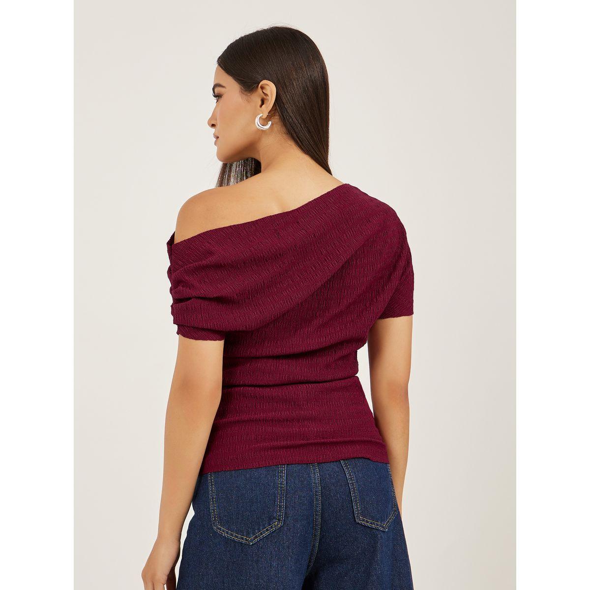 بلوزة محبوكة بياقة غير متماثلة الطول-women-clothing-tshirts-image-4