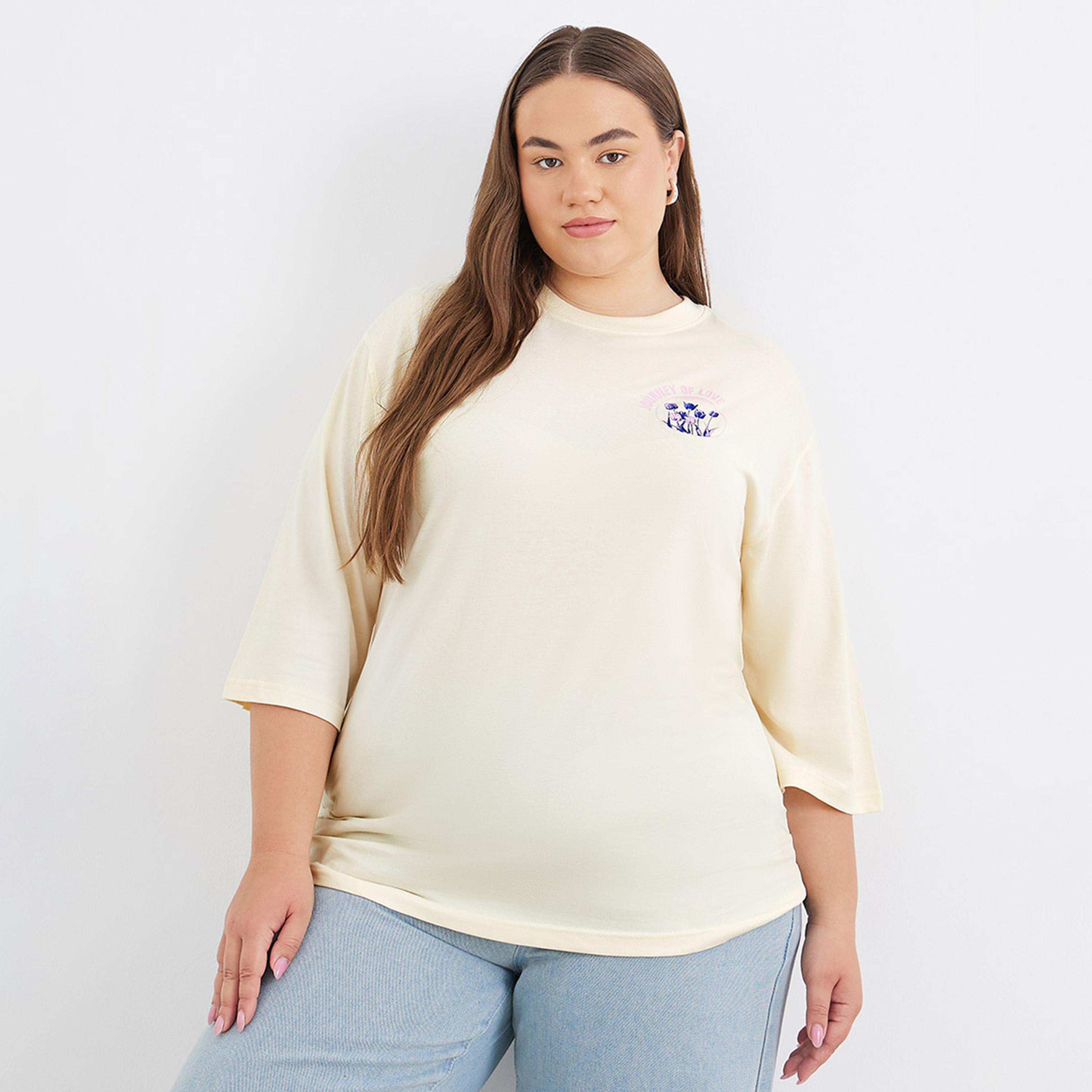 Styli Plus Size Oversized T-Shirt with Exaggerated Sleeves - California to Paris - Flowers Journey of love Print-women-clothing-tshirts-image-1