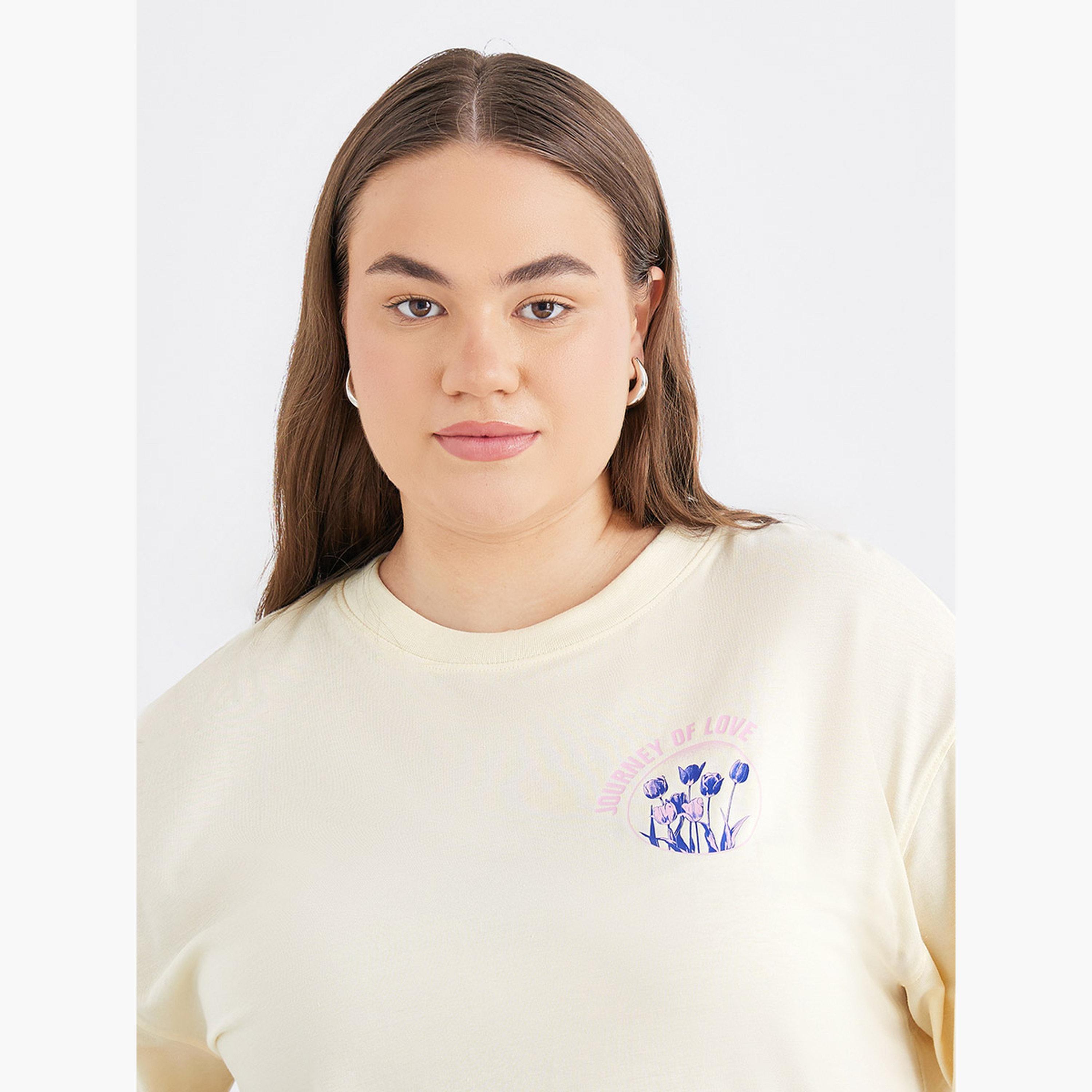 Styli Plus Size Oversized T-Shirt with Exaggerated Sleeves - California to Paris - Flowers Journey of love Print-women-clothing-tshirts-image-3