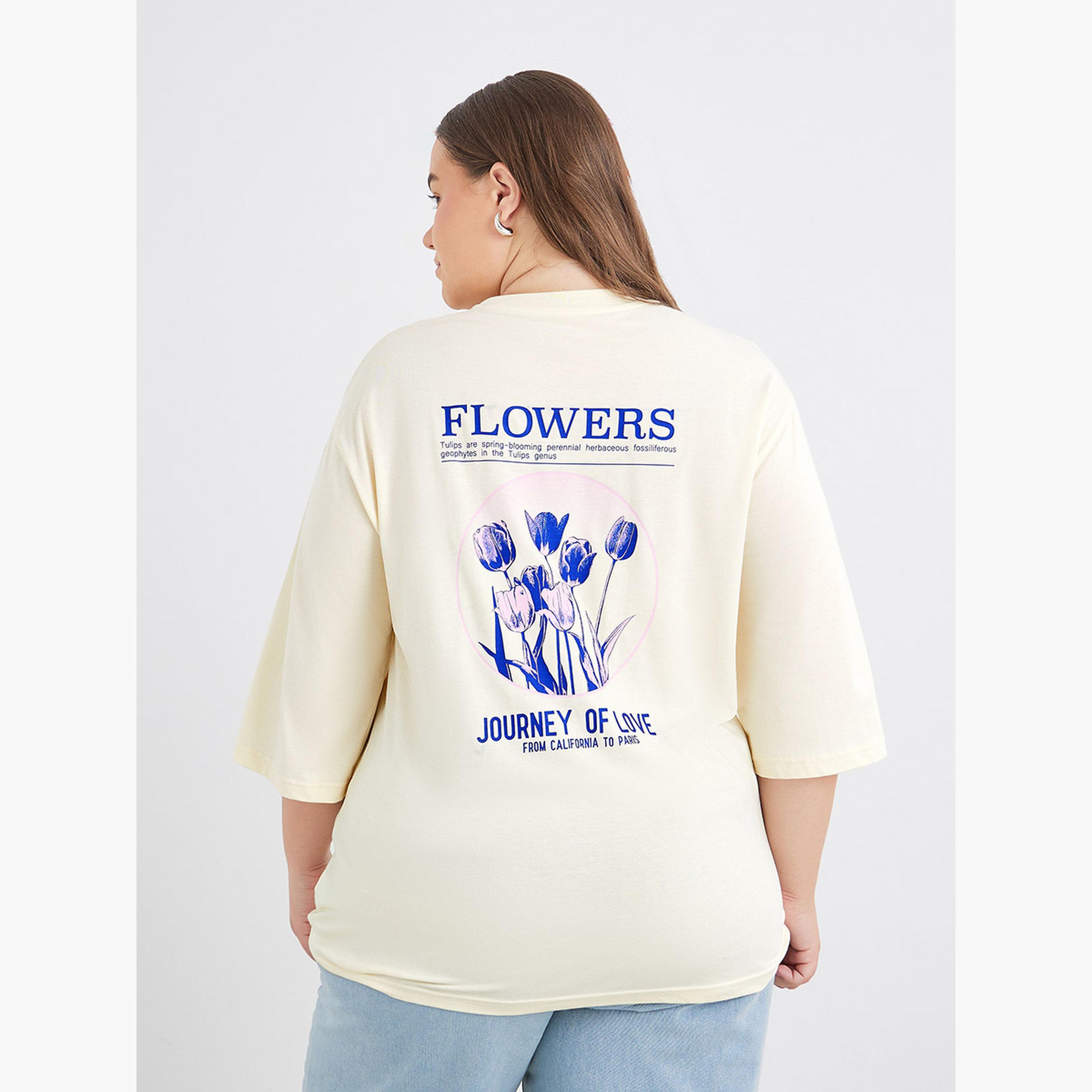 Styli Plus Size Oversized T-Shirt with Exaggerated Sleeves - California to Paris - Flowers Journey of love Print-women-clothing-tshirts-image-4