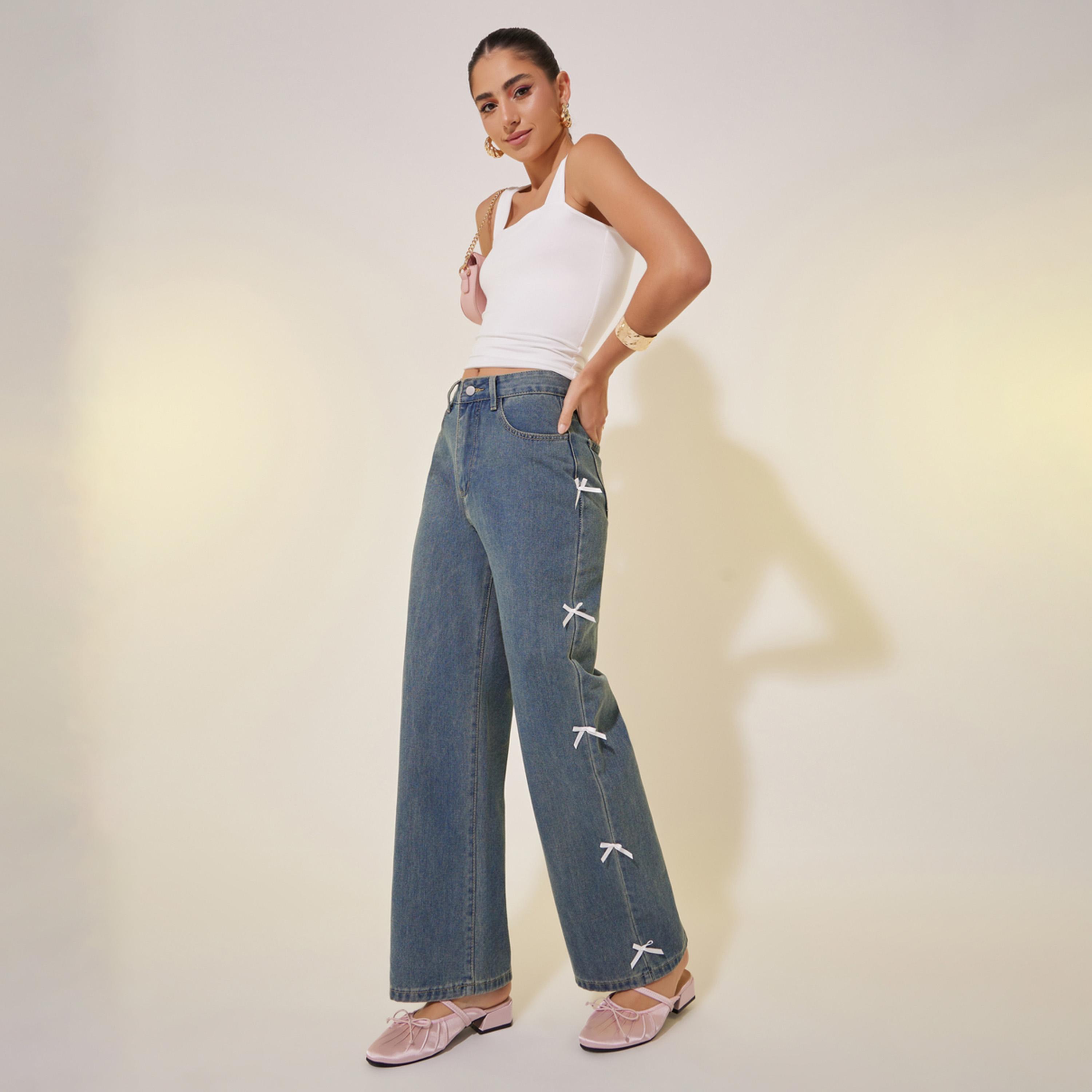 Take Two Mid Rise Wide Leg Faded Jeans with Bow Detail-women-clothing-bottoms-jeans-image-1