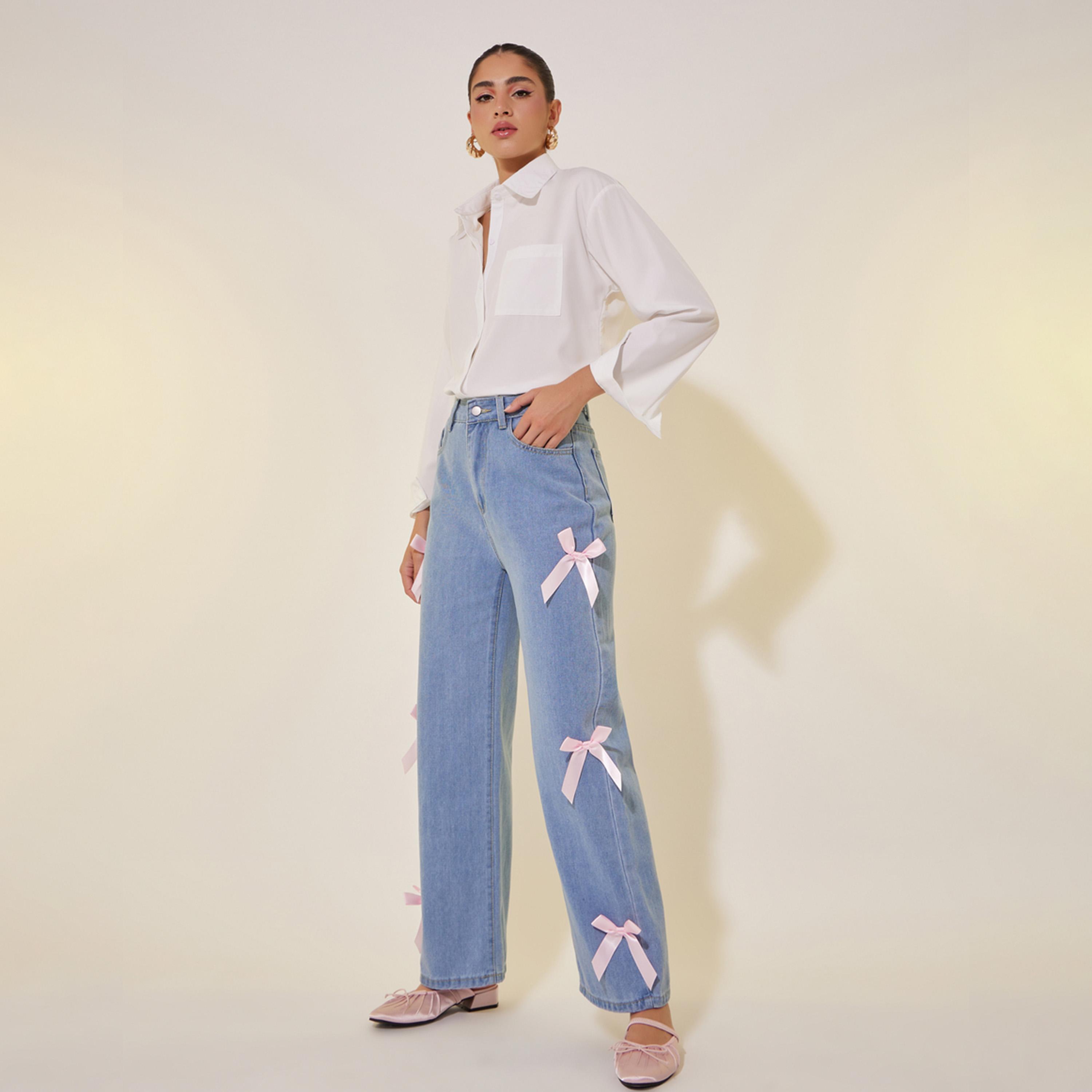 Take Two Mid Rise Wide Leg Faded Jeans with Bow Detail-women-clothing-bottoms-jeans-image-1