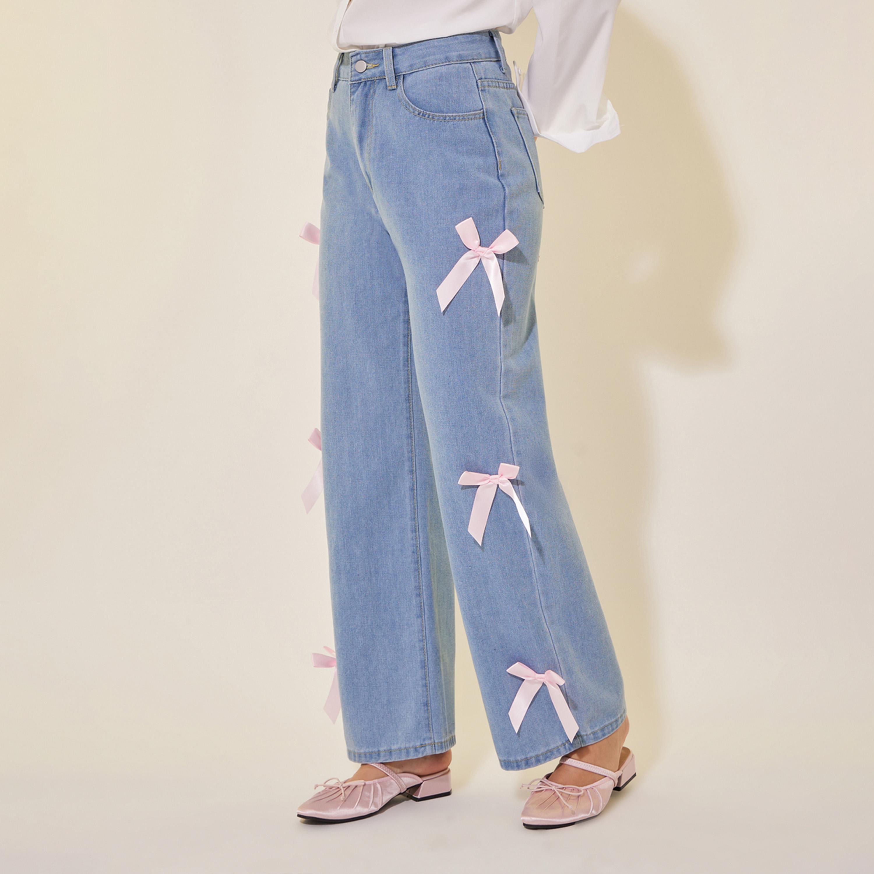 Take Two Mid Rise Wide Leg Faded Jeans with Bow Detail-women-clothing-bottoms-jeans-image-2