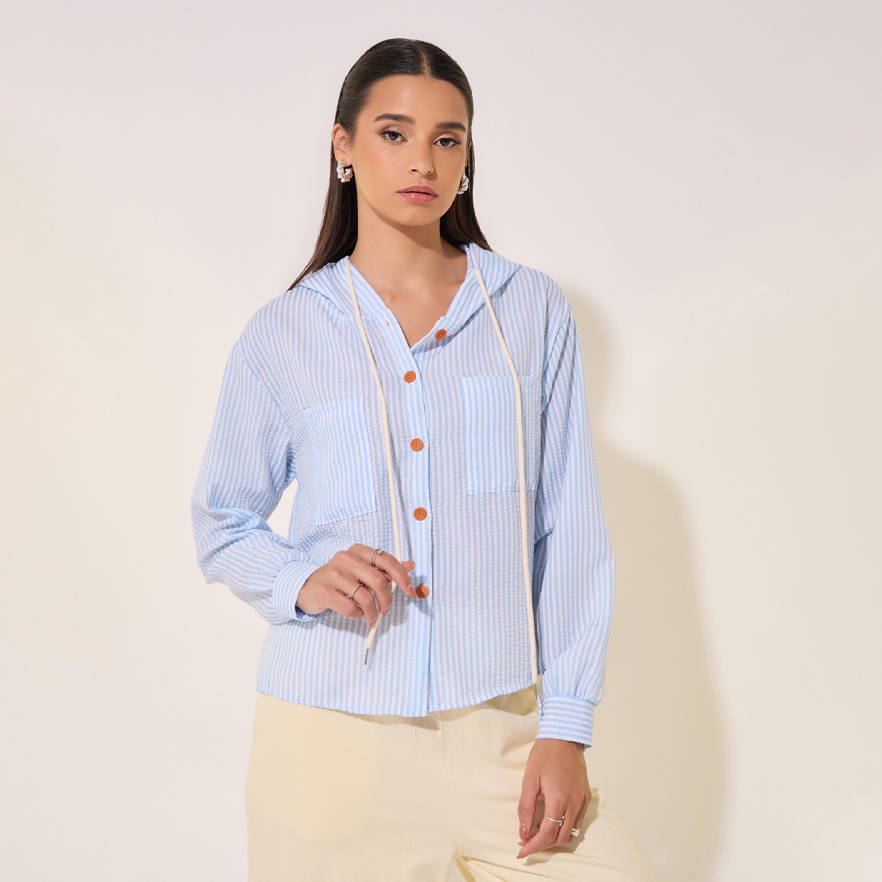 Styli Striped Hooded  Shirt With Patch Pocket-women-clothing-shirtsandblouses-shirts-image-1