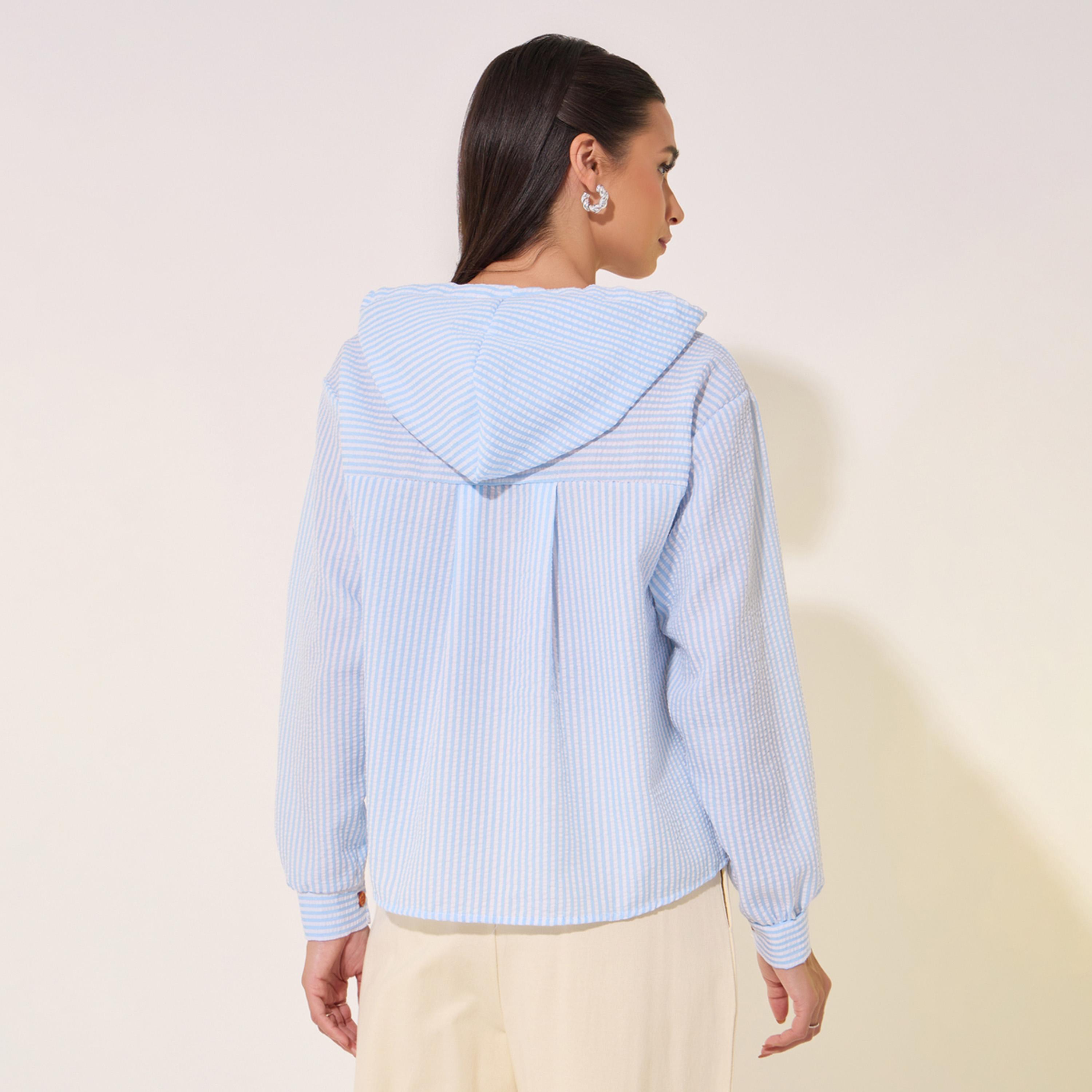 Styli Striped Hooded  Shirt With Patch Pocket-women-clothing-shirtsandblouses-shirts-image-5