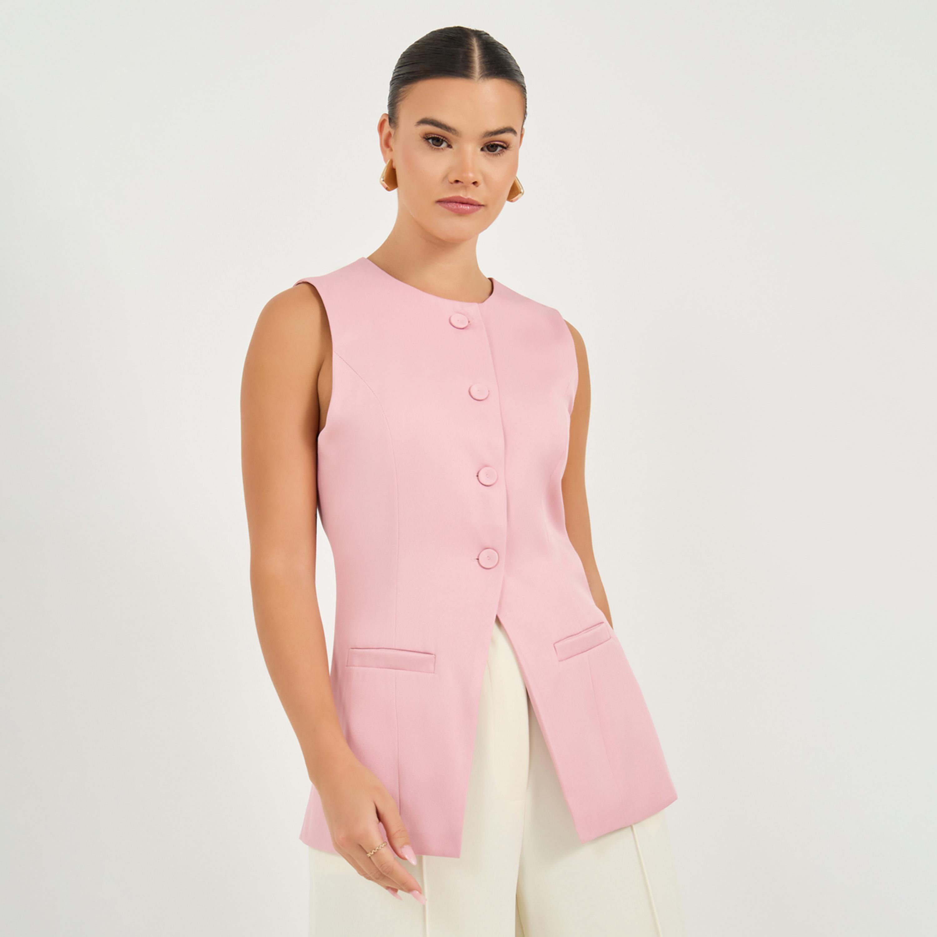 Styli Round Neck Buttoned Placket Longline Top-women-clothing-shirtsandblouses-blouses-image-1
