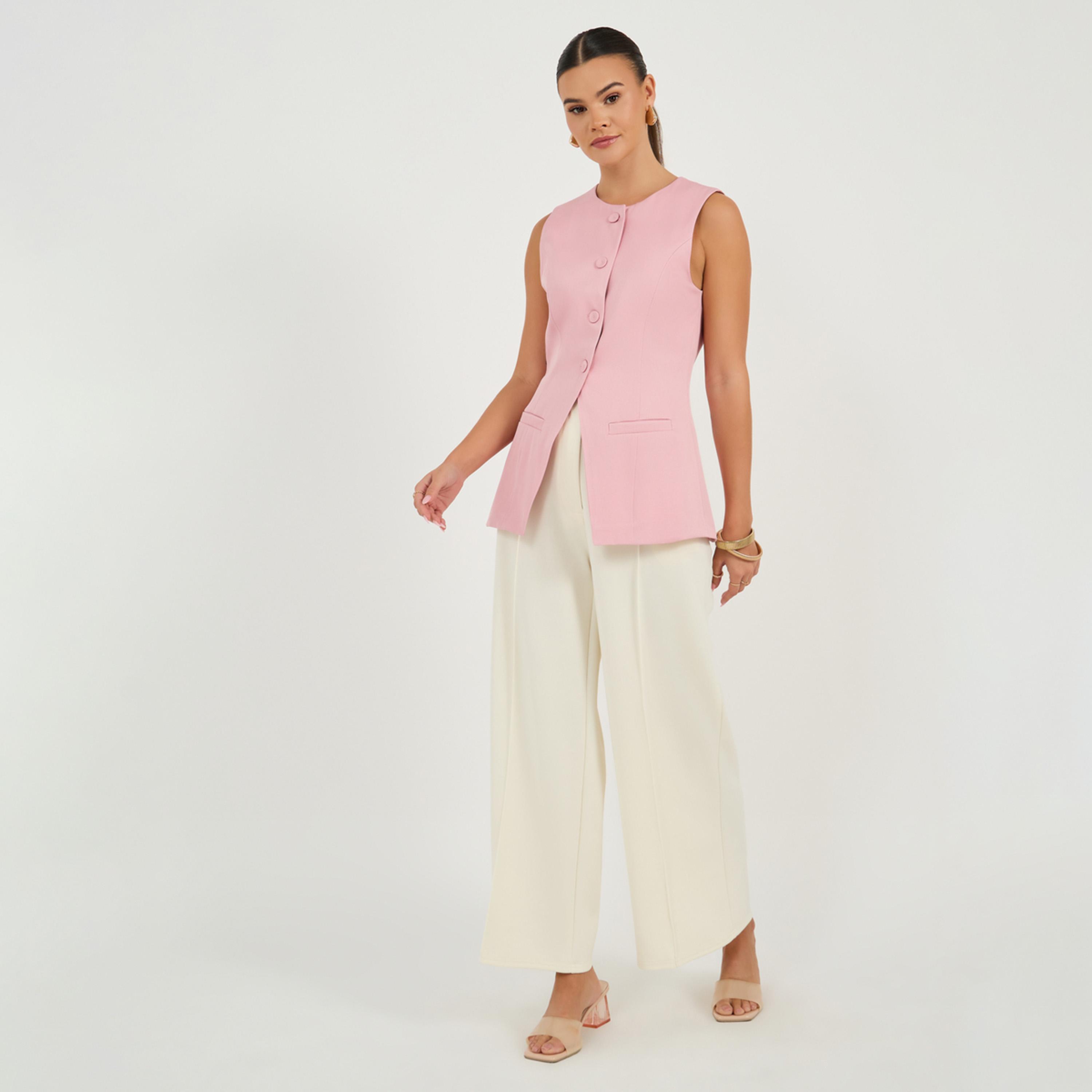 Styli Round Neck Buttoned Placket Longline Top-women-clothing-shirtsandblouses-blouses-image-2