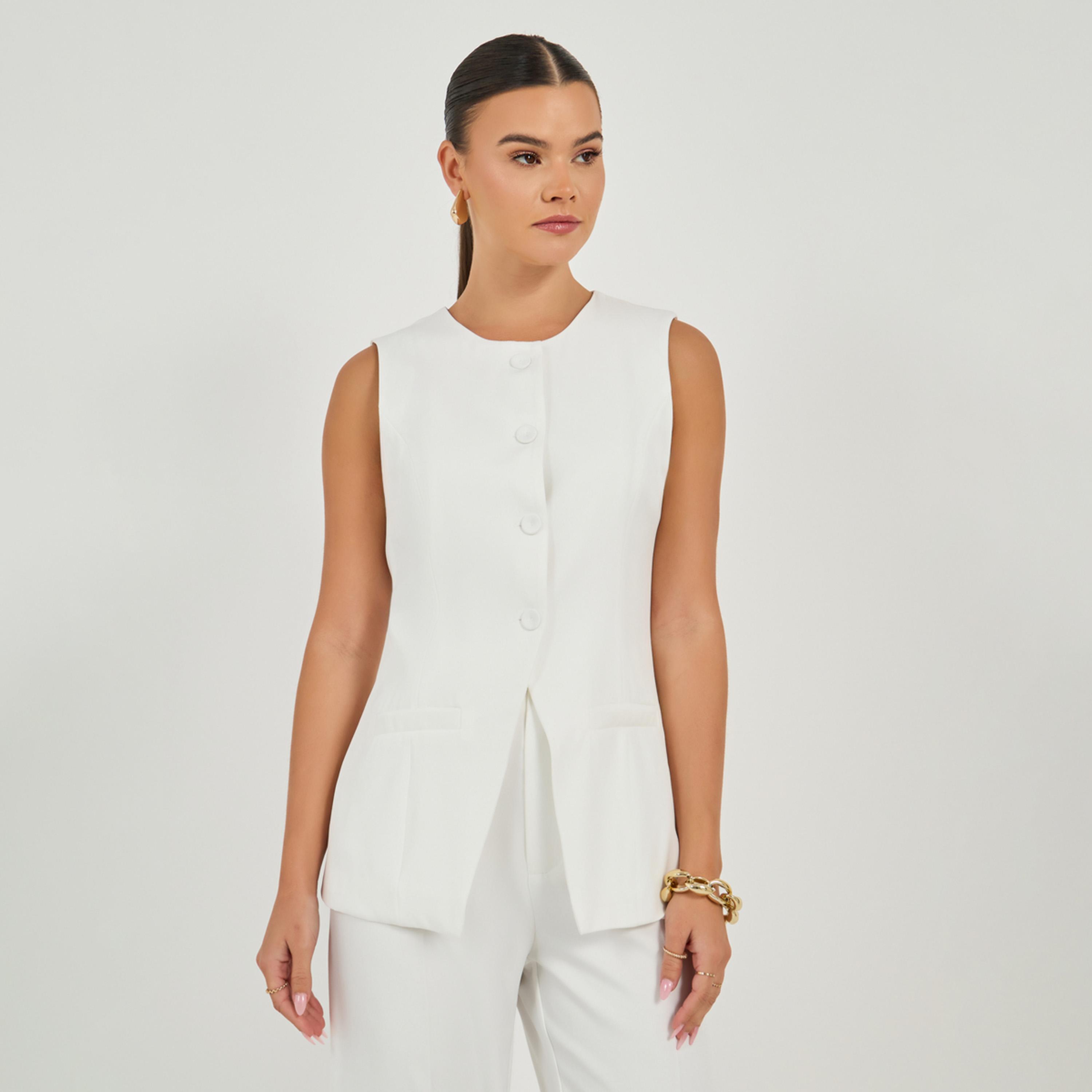 Styli Round Neck Buttoned Placket Longline Top-women-clothing-shirtsandblouses-blouses-image-2