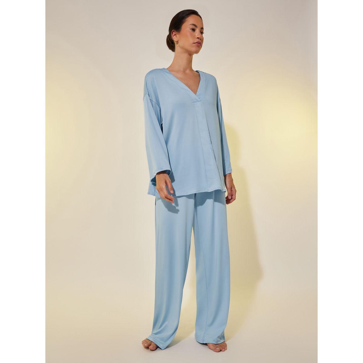 Styli Solid V-Neck Dropped Shoulder Top and Pyjama Set-women-clothing-nightwear-pyjamas-longsets-image-2