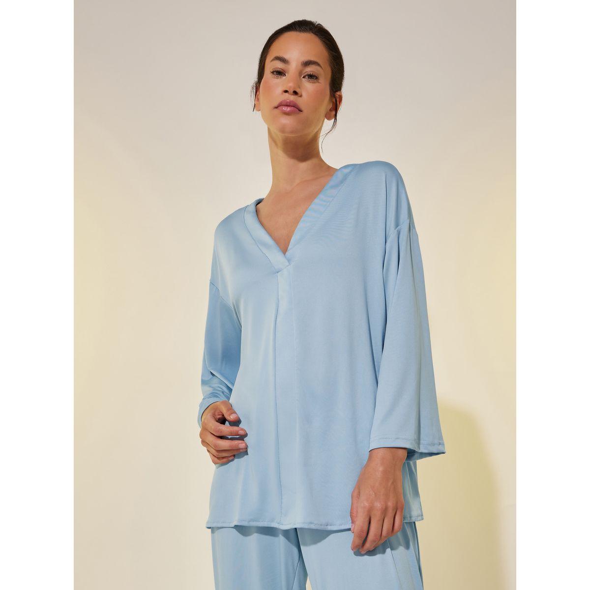 Styli Solid V-Neck Dropped Shoulder Top and Pyjama Set-women-clothing-nightwear-pyjamas-longsets-image-3
