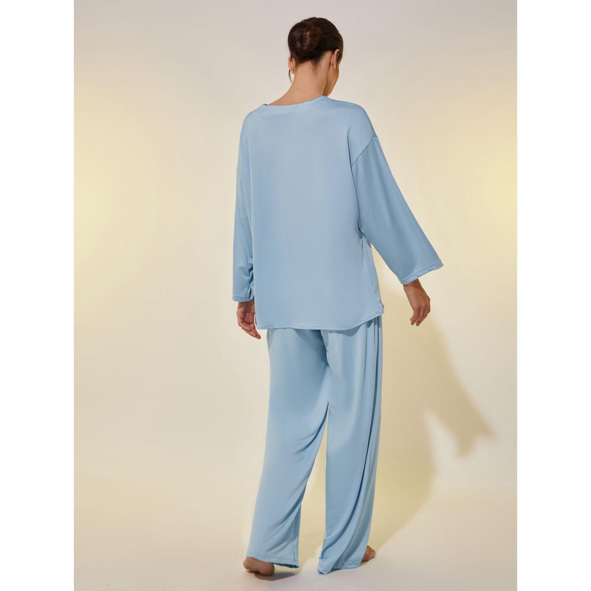 طقم بيجاما من بنطال وبلوزة سادة بأكتاف منخفضة-women-clothing-nightwear-pyjamas-longsets-image-6