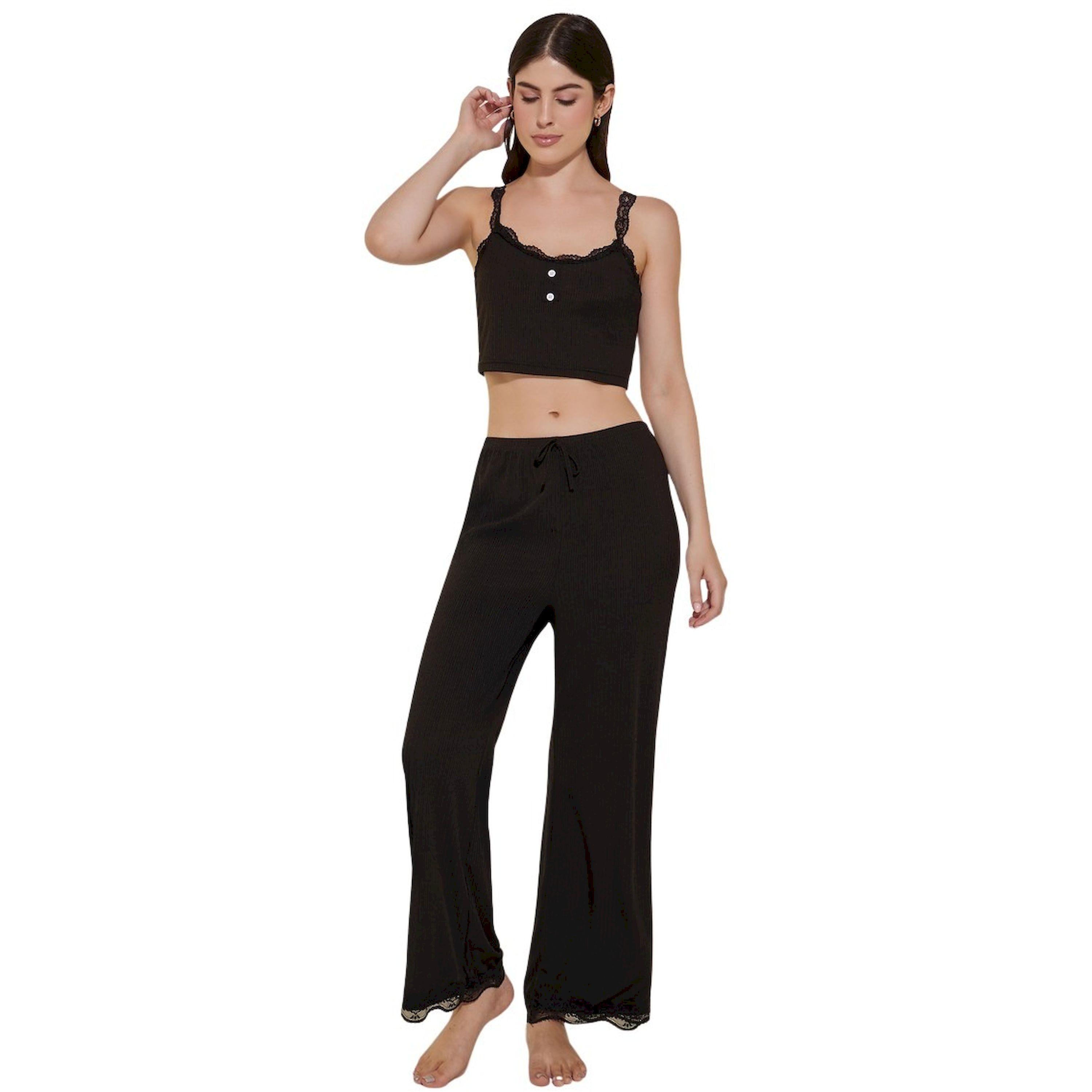 طقم من بنطال بأرجل واسعة وبلوزة كامي بتفاصيل مضلعة-women-clothing-nightwear-pyjamas-longsets-image-2